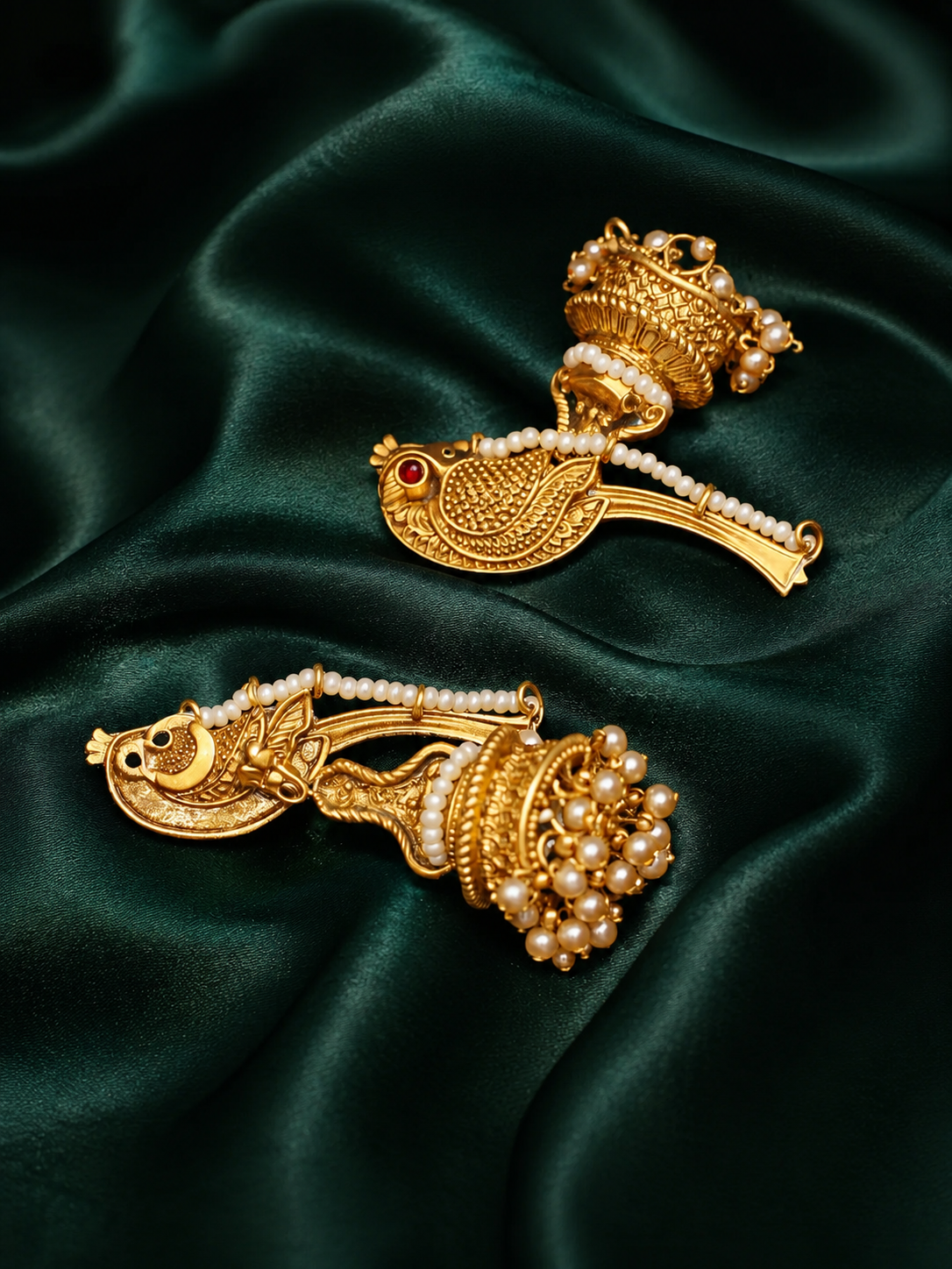 Zevar Club 18K Gold-Plated Bird Motif Ethnic Jhumka Earrings with White Pearl Beads & Dome Drop