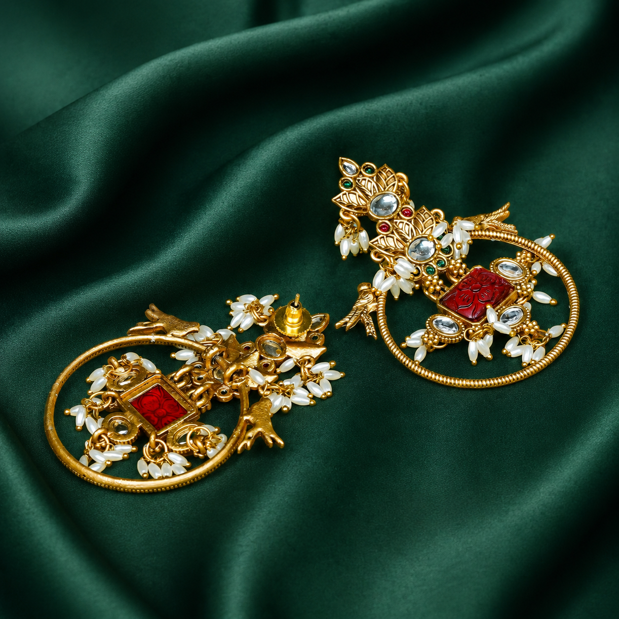 Zevar Club 18K Gold-Plated White Kundan Studded Bird Motif Drop Earrings with Pearls & Red Stone