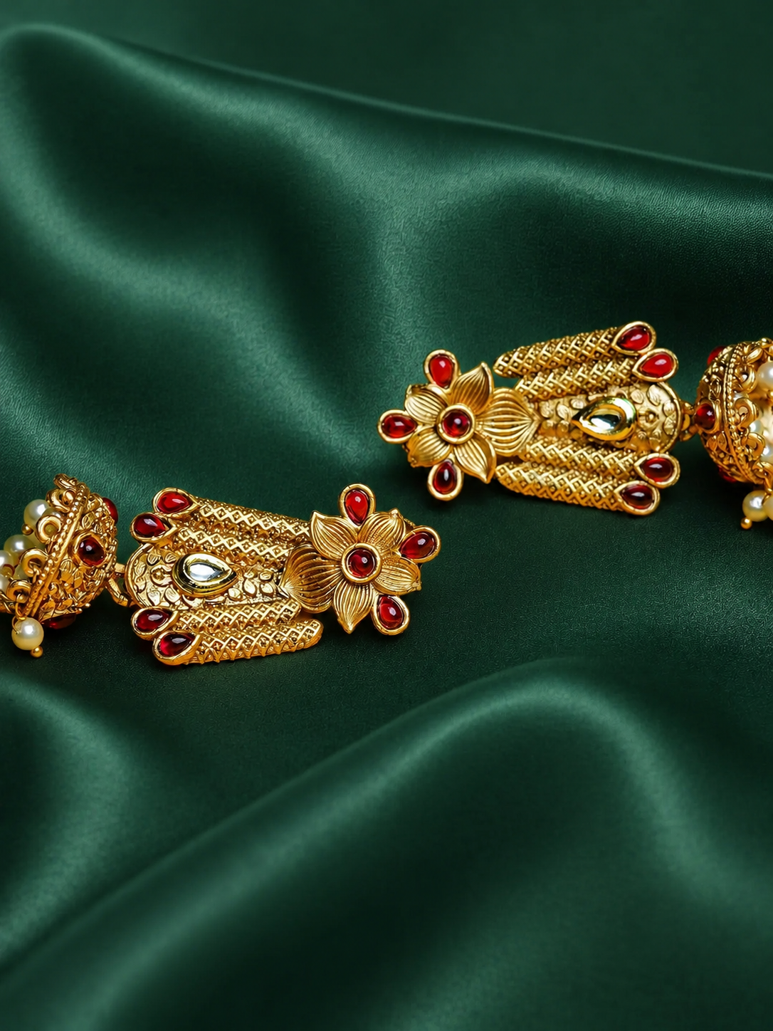 Zevar Club 18K Gold-Plated Green Kundan Stone Studded Floral Drop Earrings with Pearl Jhumka