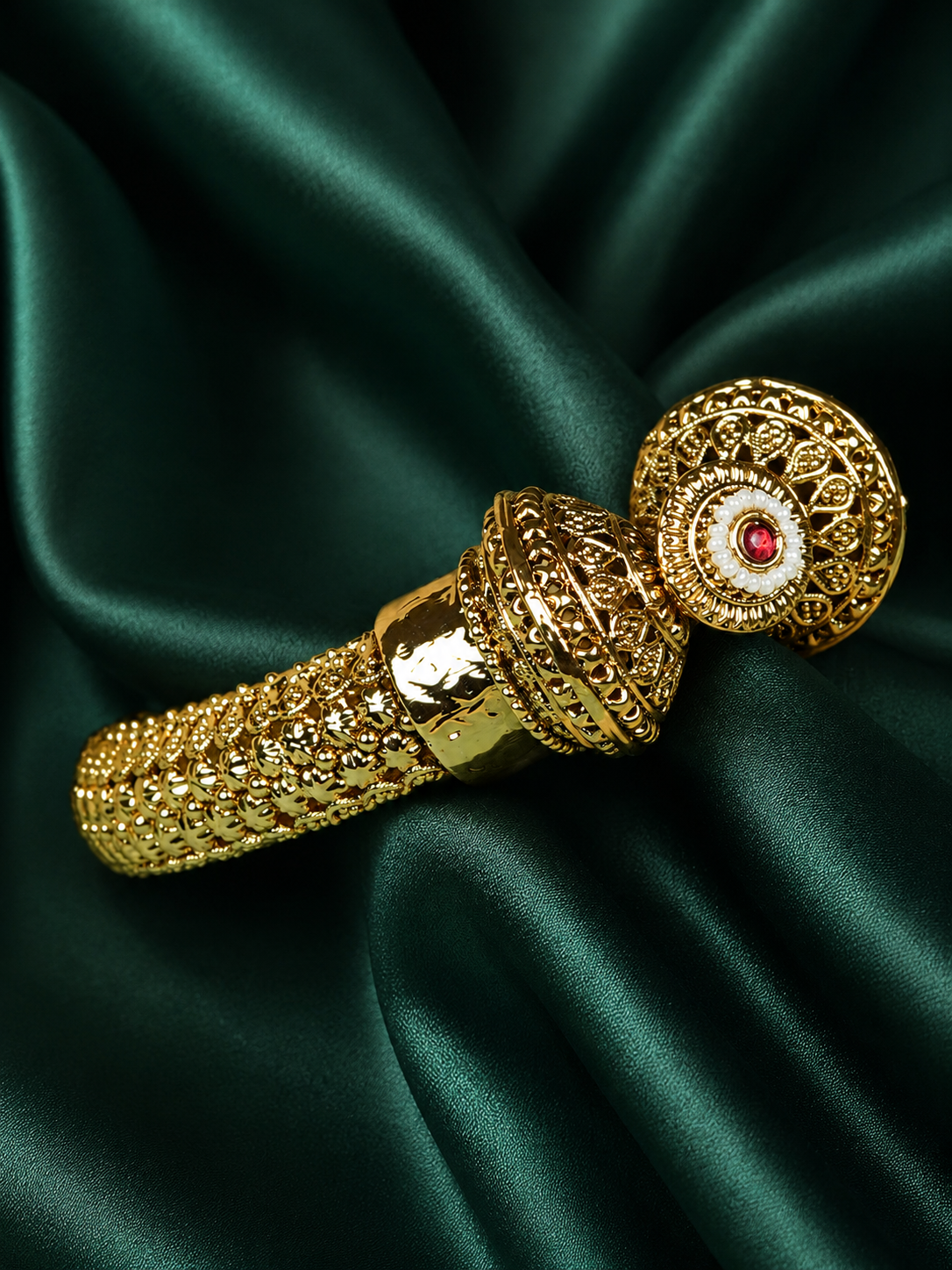 Zevar Club 18K Gold Plated Handcrafted Rajwadi Kada Bangle with Dome Motif Ruby Red & White Stone Detailing