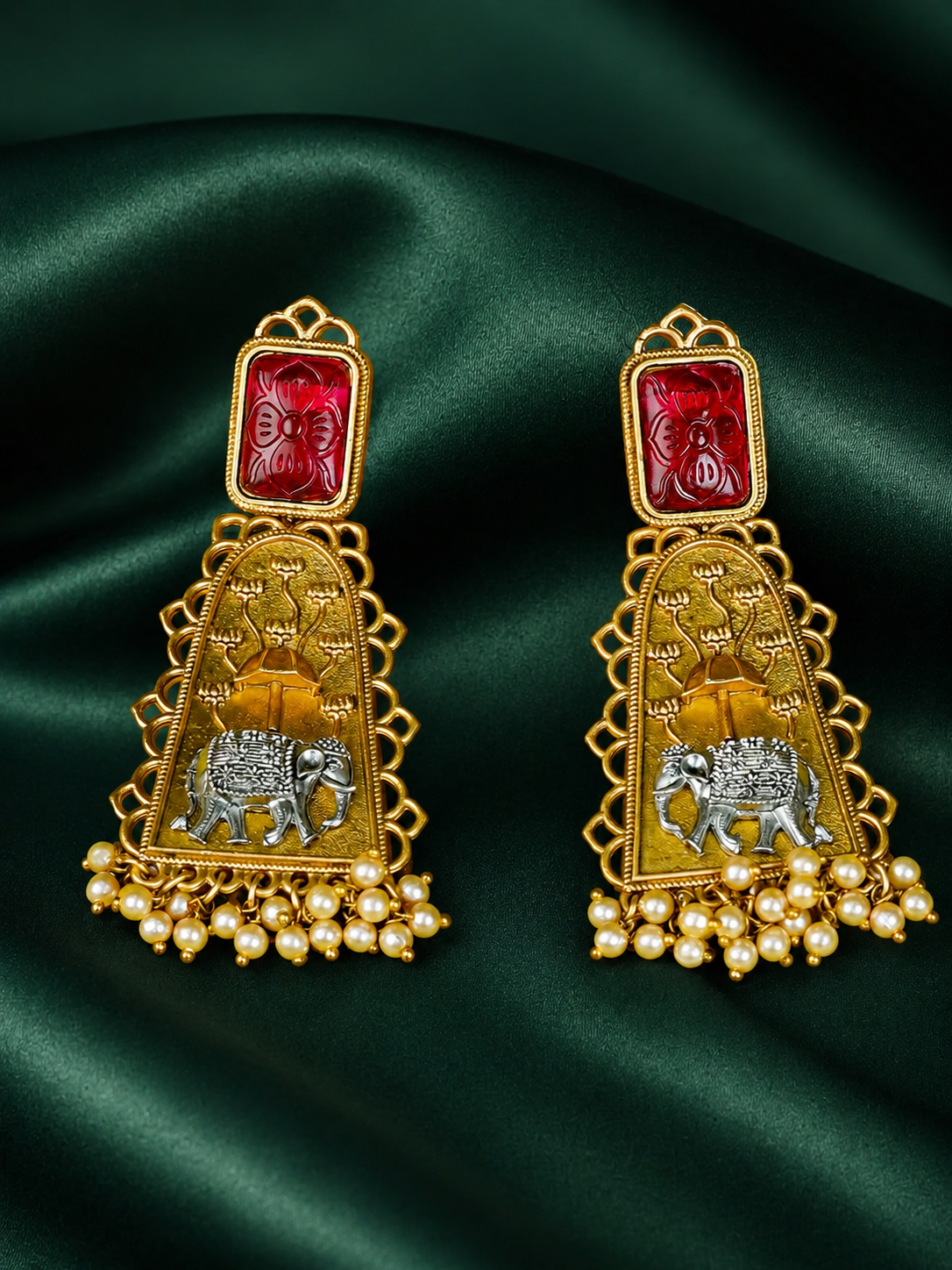 Zevar Club Oxidised Gold & Silver-Toned Elephant Motif Earring with Red Top & Pearls Drops