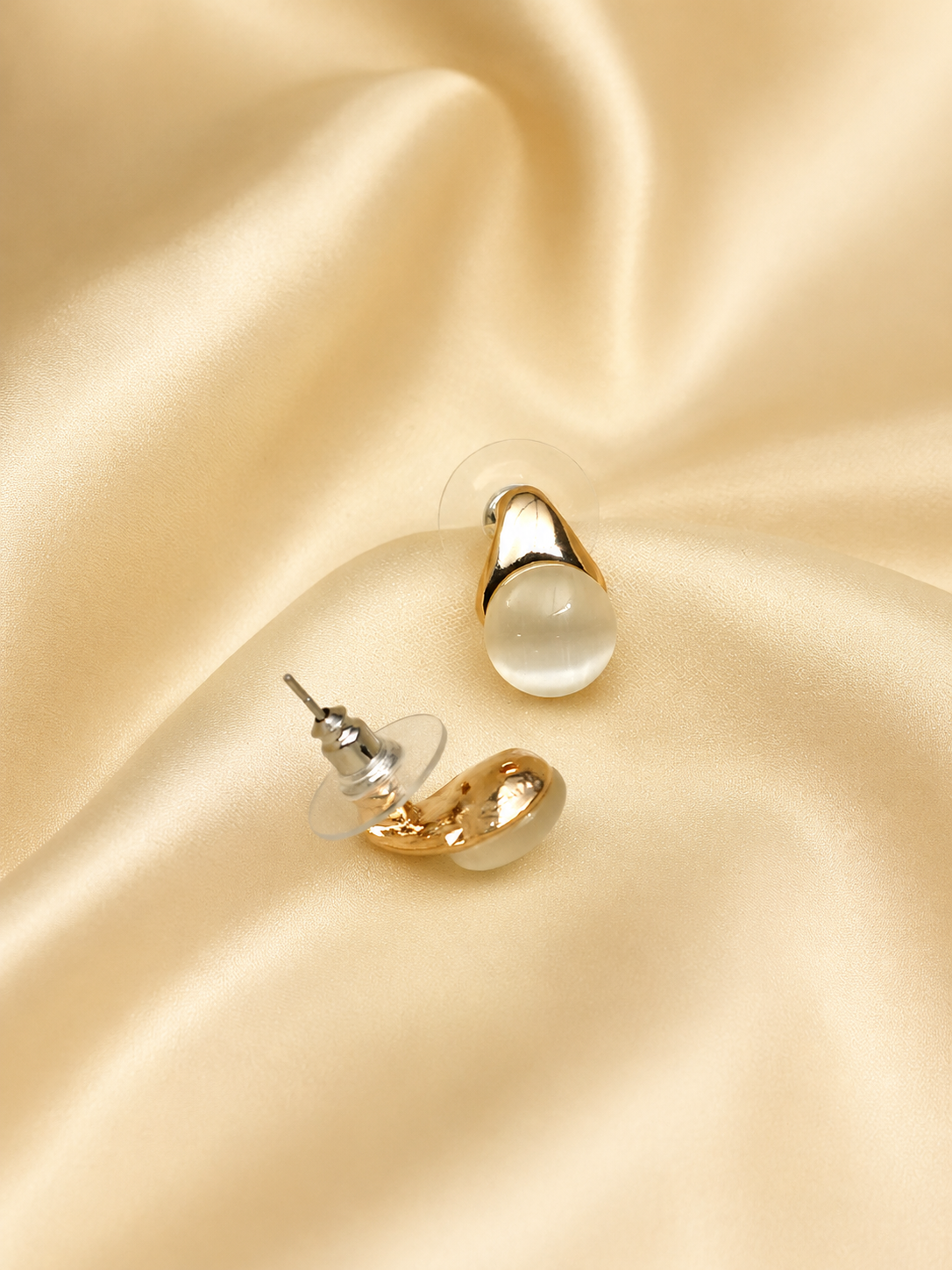 Zevar Club Silver Tone and White Stone Studded Stud Earrings with Glossy Curved Top for Women