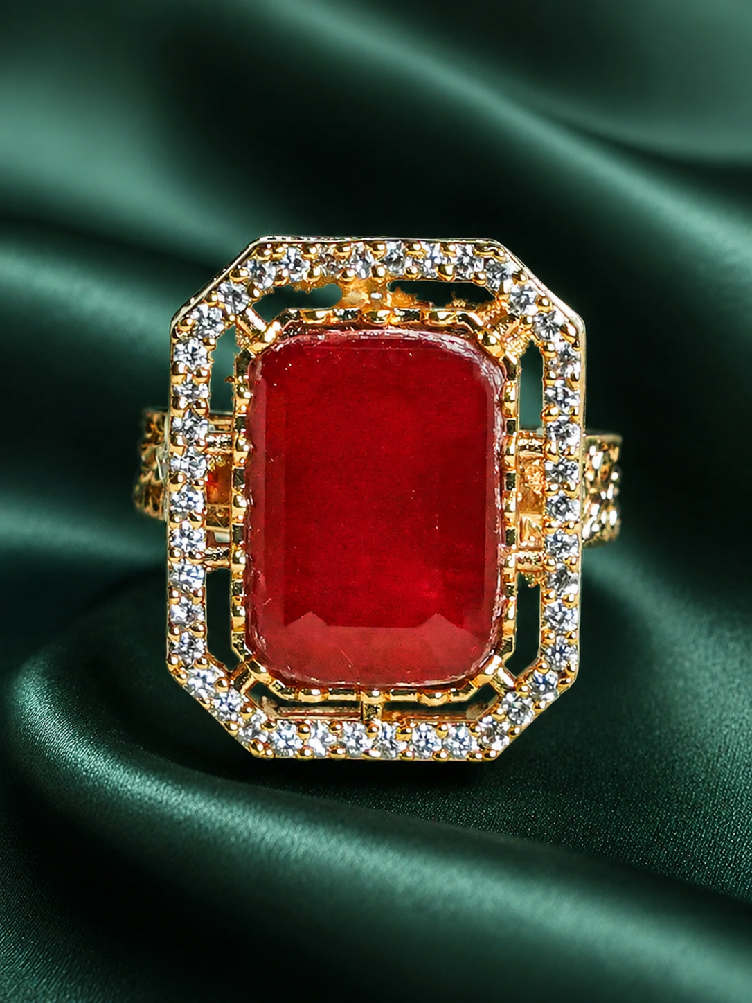 Zevar Club Gold-Toned Ruby Pink & Cubic Zirconia Studded Royal Statement Adjustable Ring