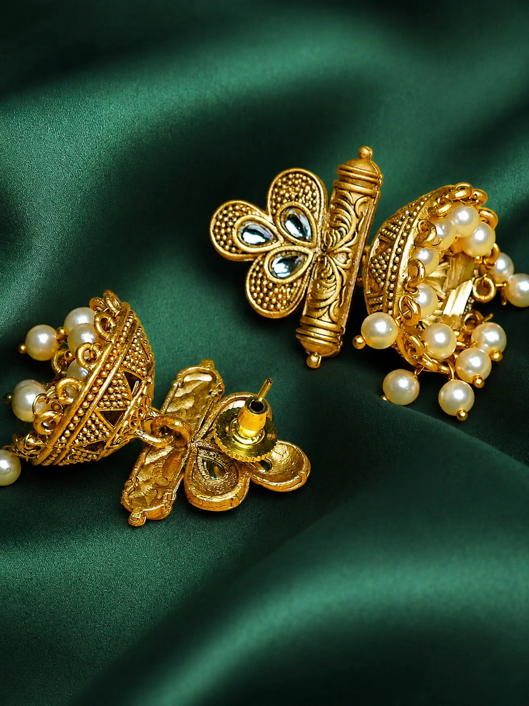 Zevar Club 18K Gold-Plated Red Stone Studded Dome Jhumka Earrings with Pearl Danglers