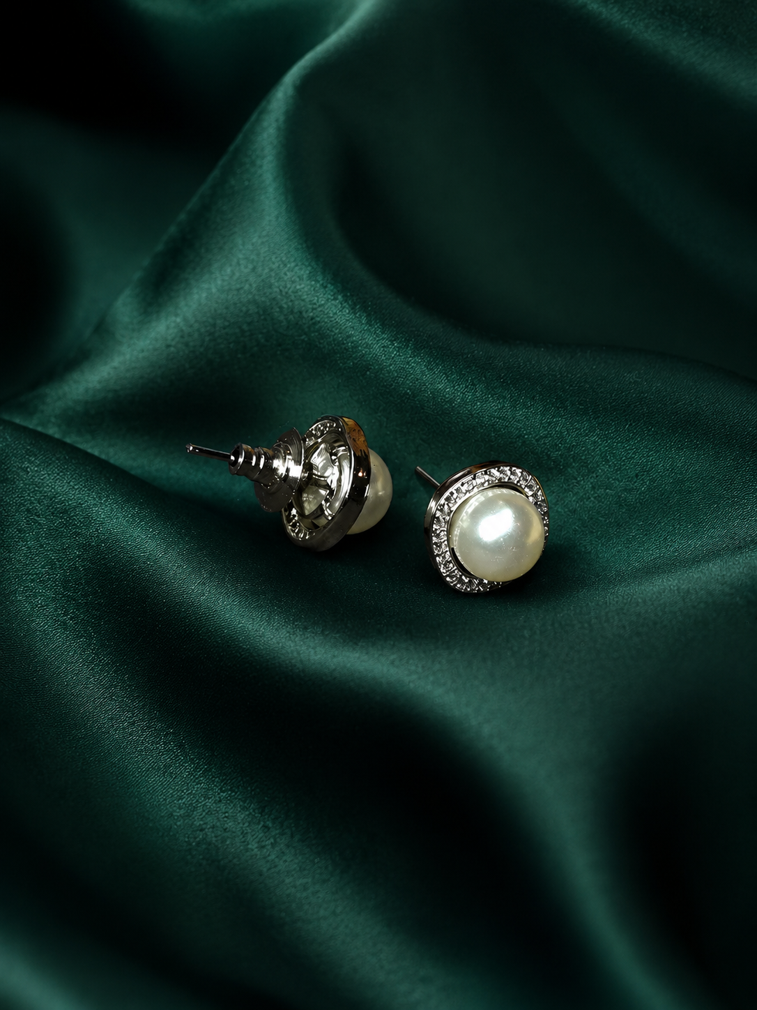 Zevar Club Rhodium-Plated Handcrafted White Pearl & Cubic Zirconia Halo Stud Earrings