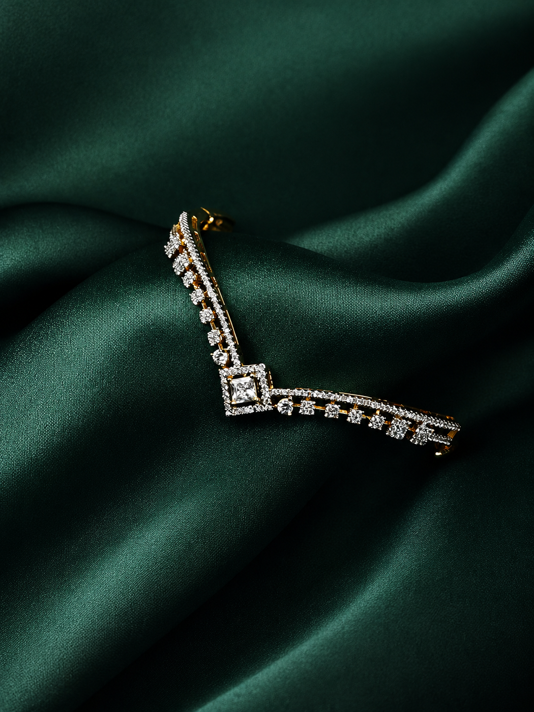 Zevar Club 22K Gold-Plated Handcrafted Zig-Zag Design AAA CZ Studded Square Motif Bracelet