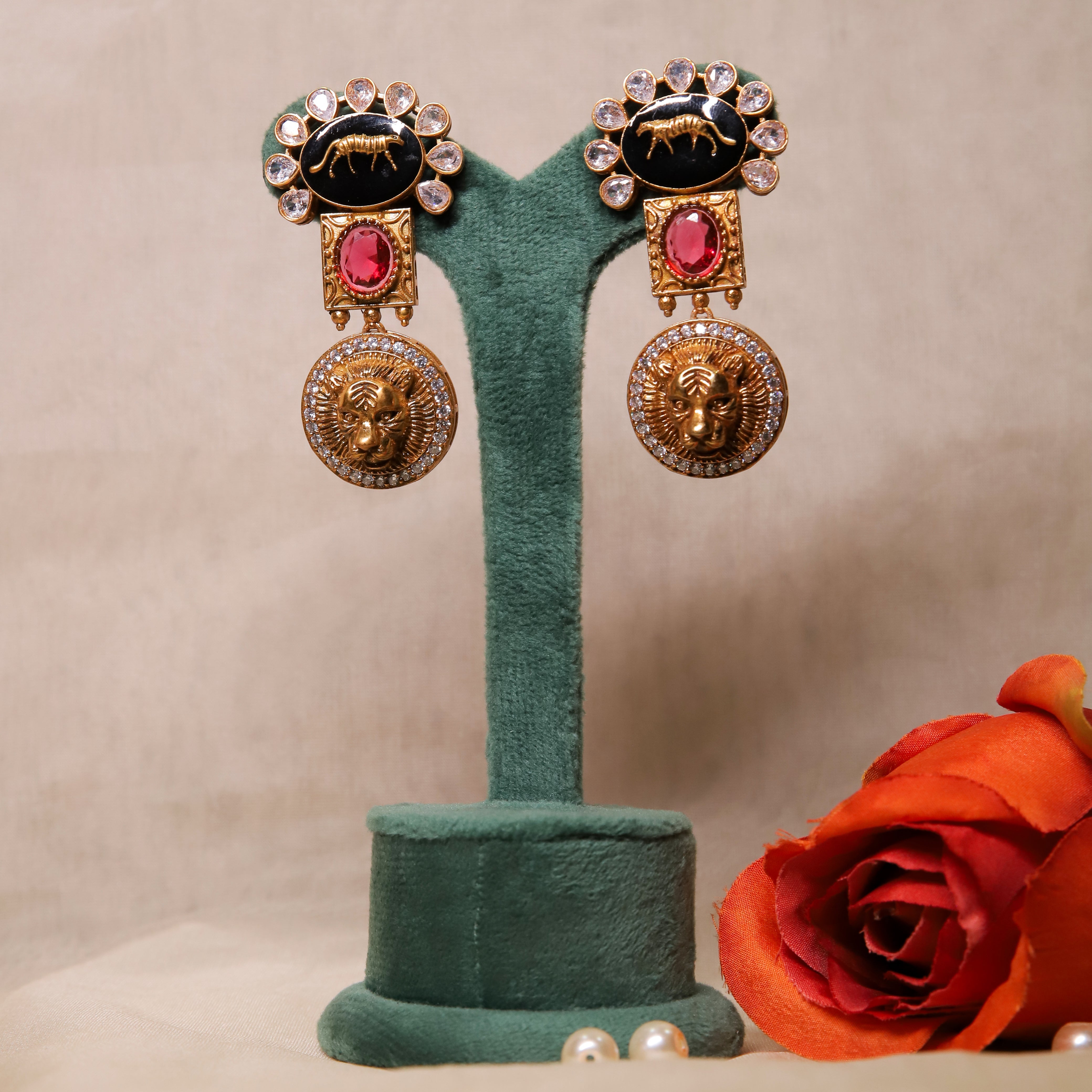 Zevar Club Red Sabyasachi Inspired Lion Motif Earrings (18K Gold Plated )