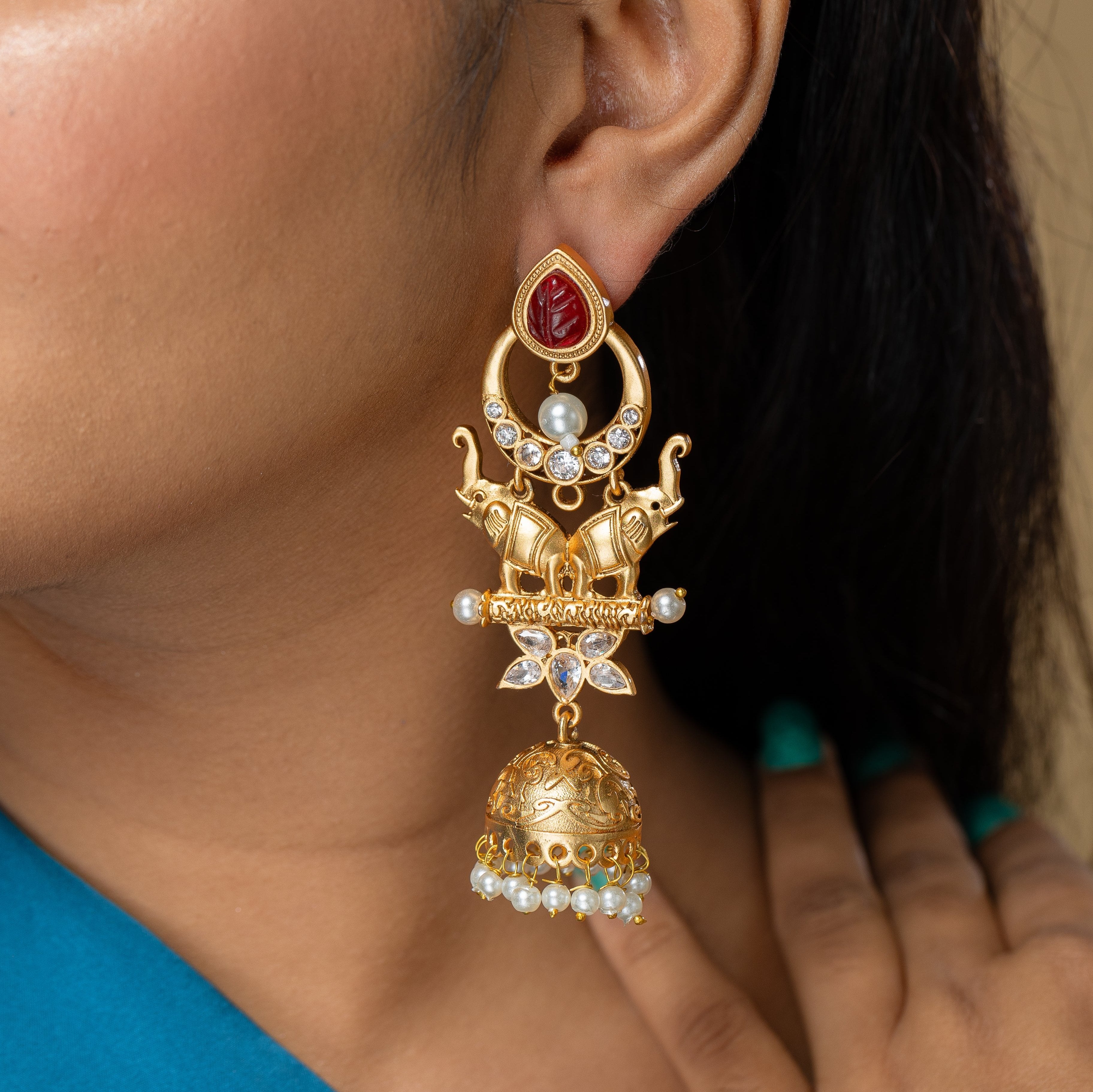 Zevar Club Red Elephant Moti Desi Drop Earrings (18K Gold Plated )