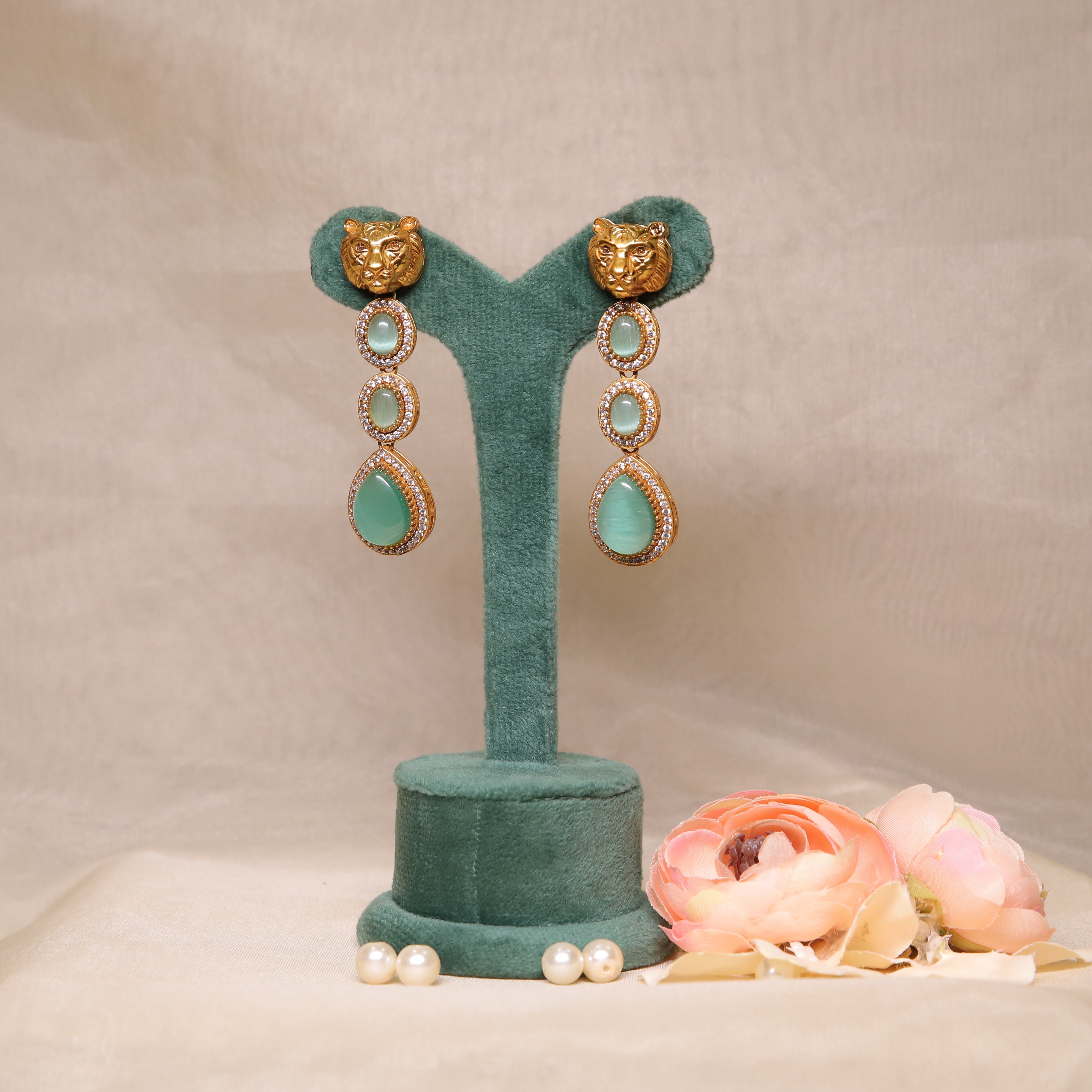 Zevar Club Pastel Green Sabyasachi Inspired Lion Motif Bold Babe Drop Earrings (18K Gold Plated )