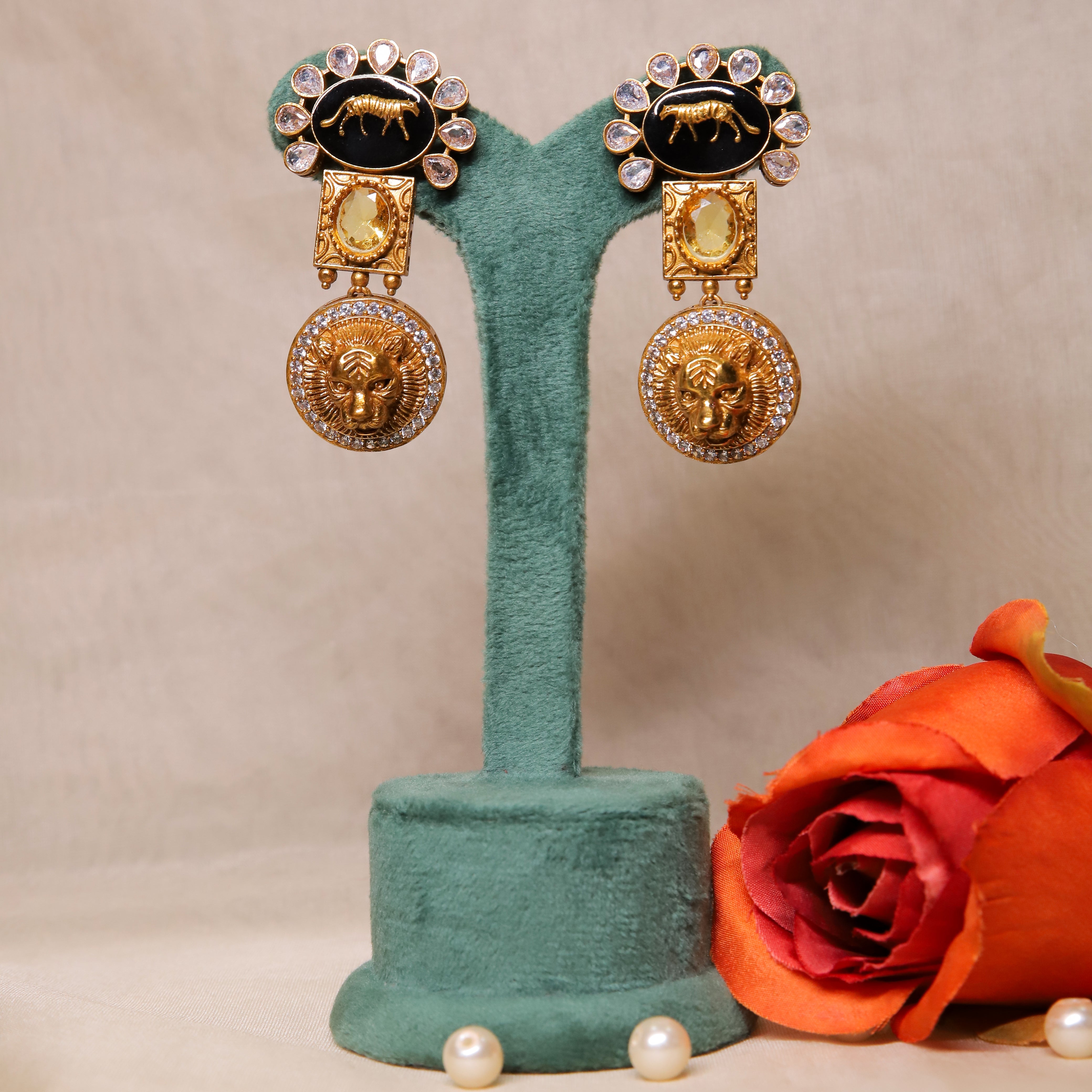 Zevar Club Yellow Sabyasachi Inspired Lion Motif Earrings (18K Gold Plated )