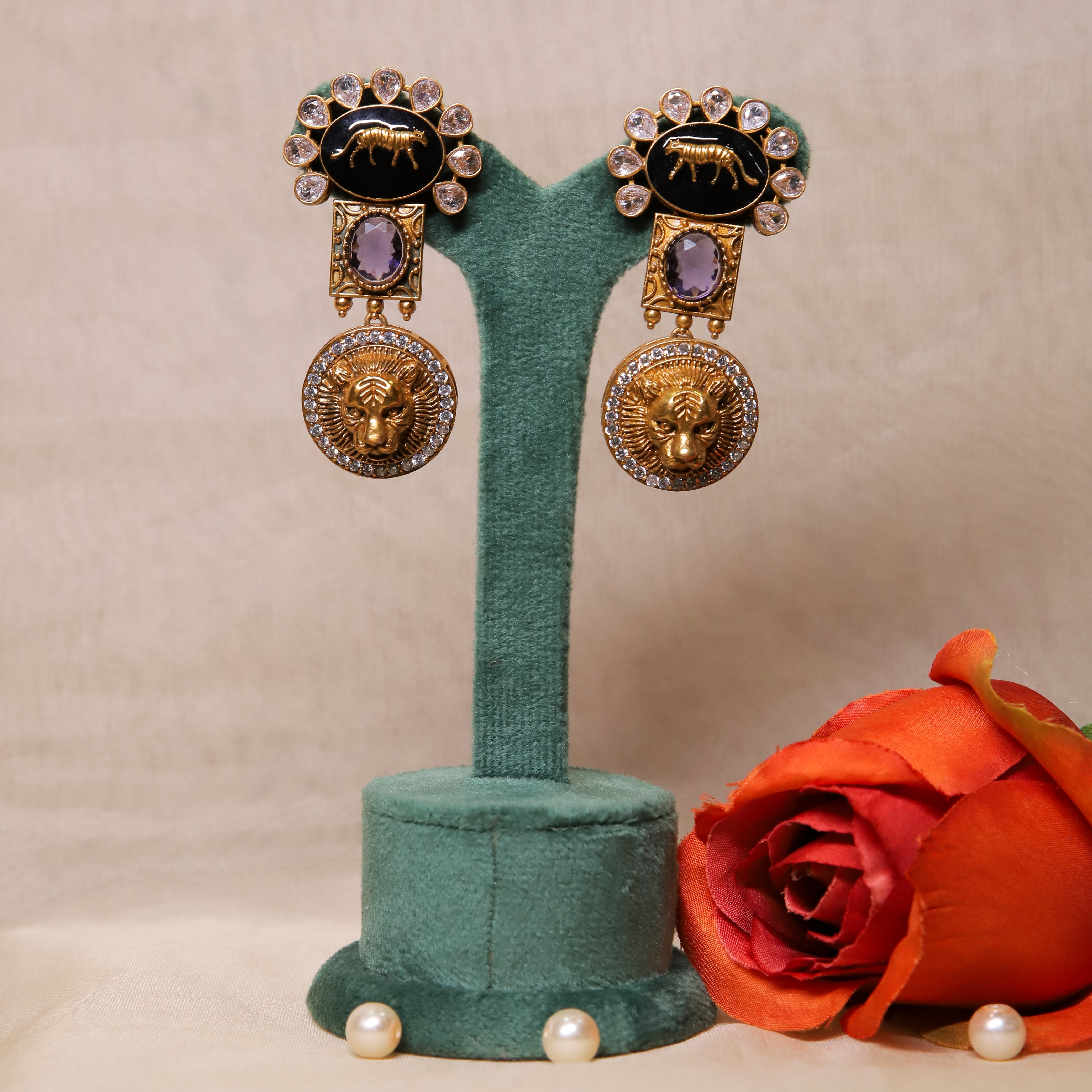 Zevar Club Purple Sabyasachi Inspired Lion Motif Earrings (18K Gold Plated )