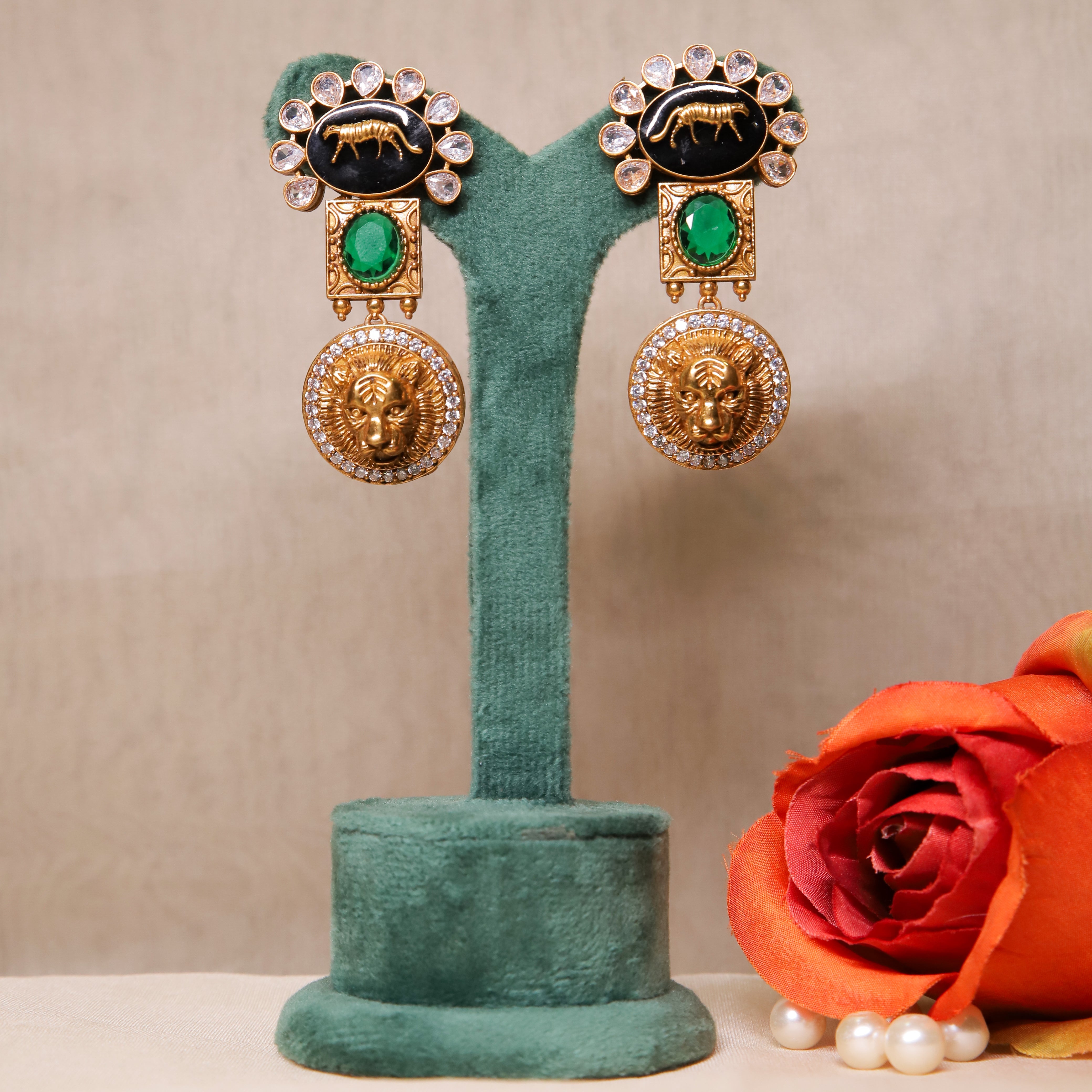 Zevar Club Green Sabyasachi Inspired Lion Motif Earrings (18K Gold Plated )