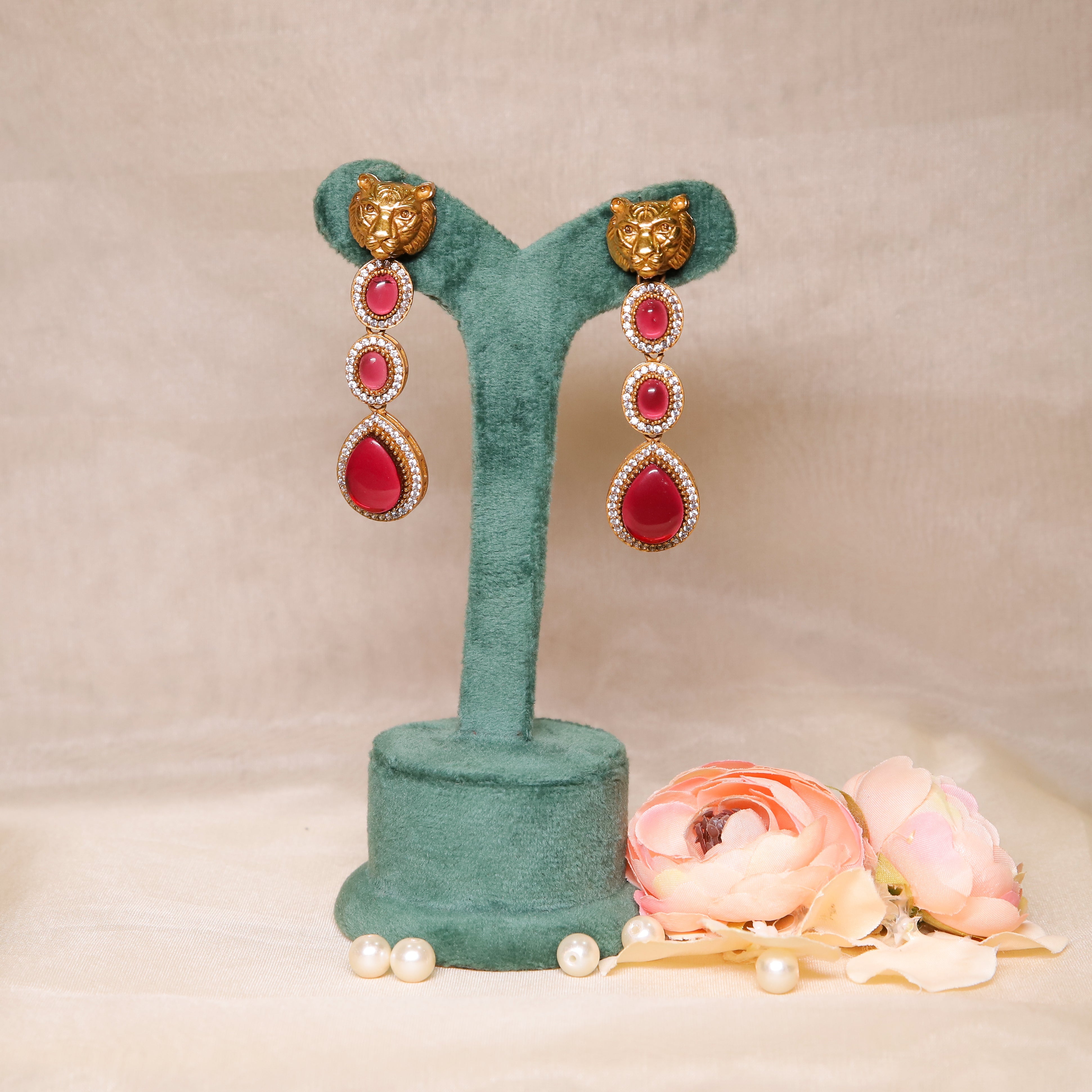 Zevar Club Red Sabyasachi Inspired Lion Motif Bold Babe Drop Earrings (18K Gold Plated )