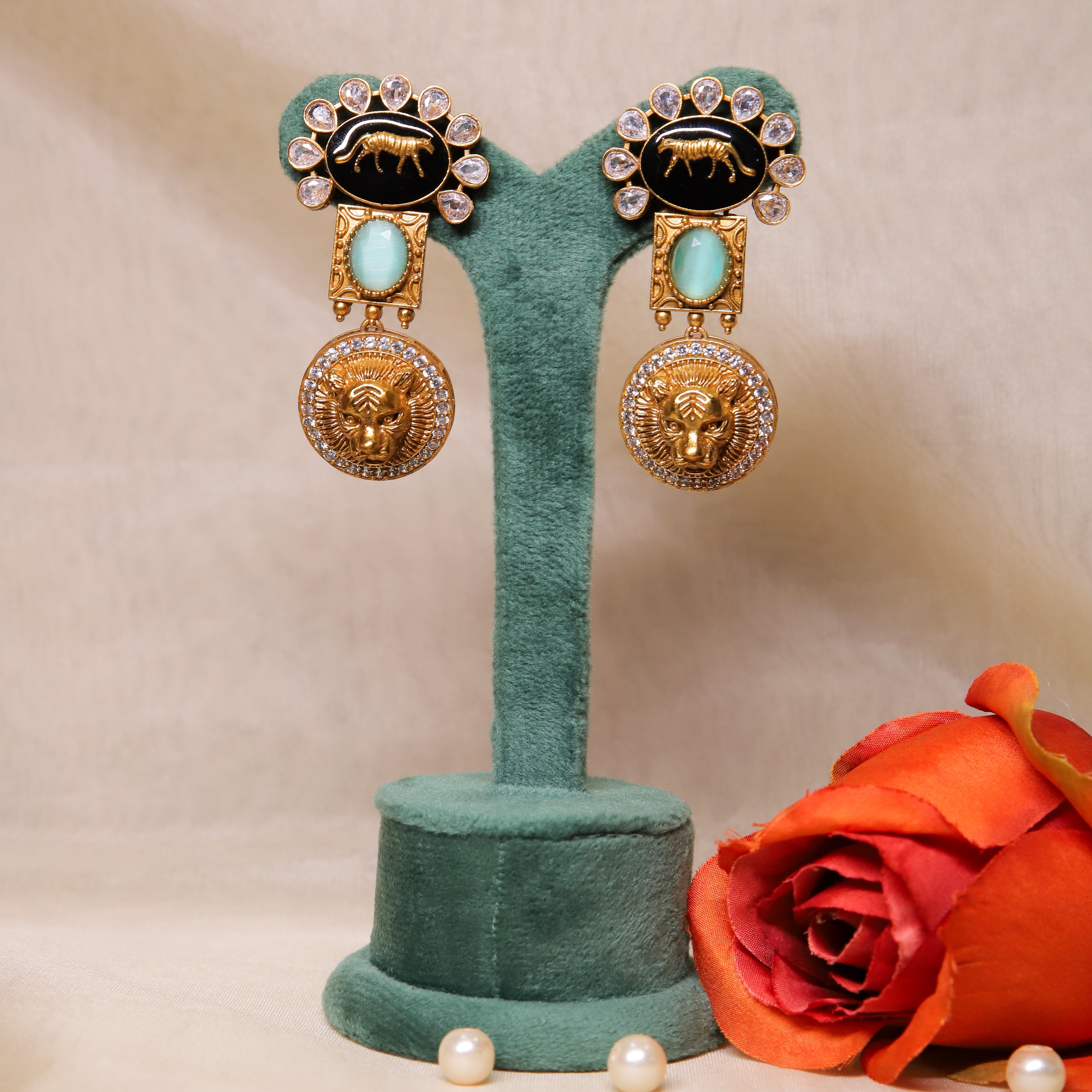 Zevar Club Pastel Green Sabyasachi Inspired Lion Motif Earrings (18K Gold Plated )