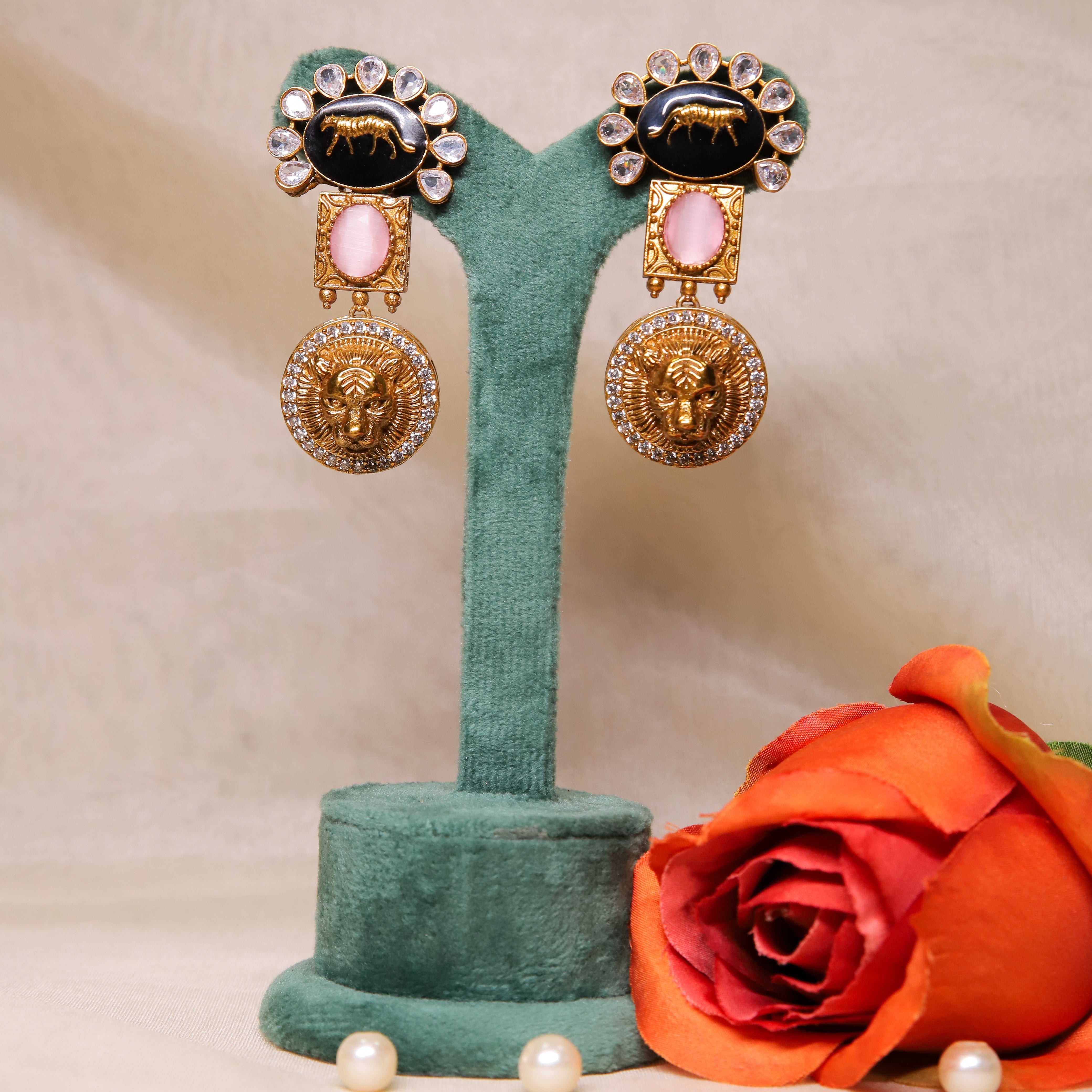 Zevar Club Pink Sabyasachi Inspired Lion Motif Earrings (18K Gold Plated )