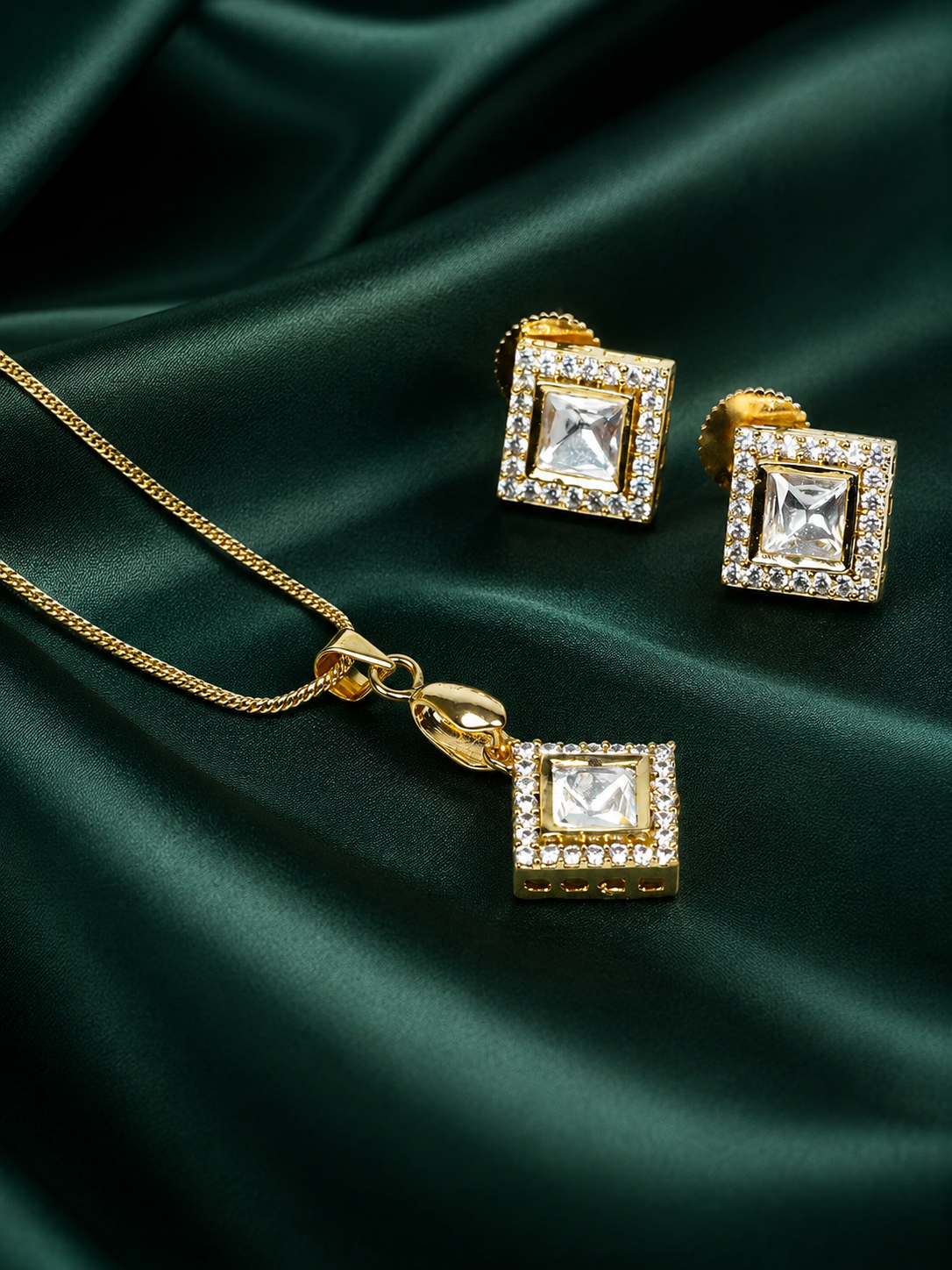Zevar Club 22K Gold-Plated Diamond-Shaped Cubic Zirconia Studded Pendant Necklace Set for Women