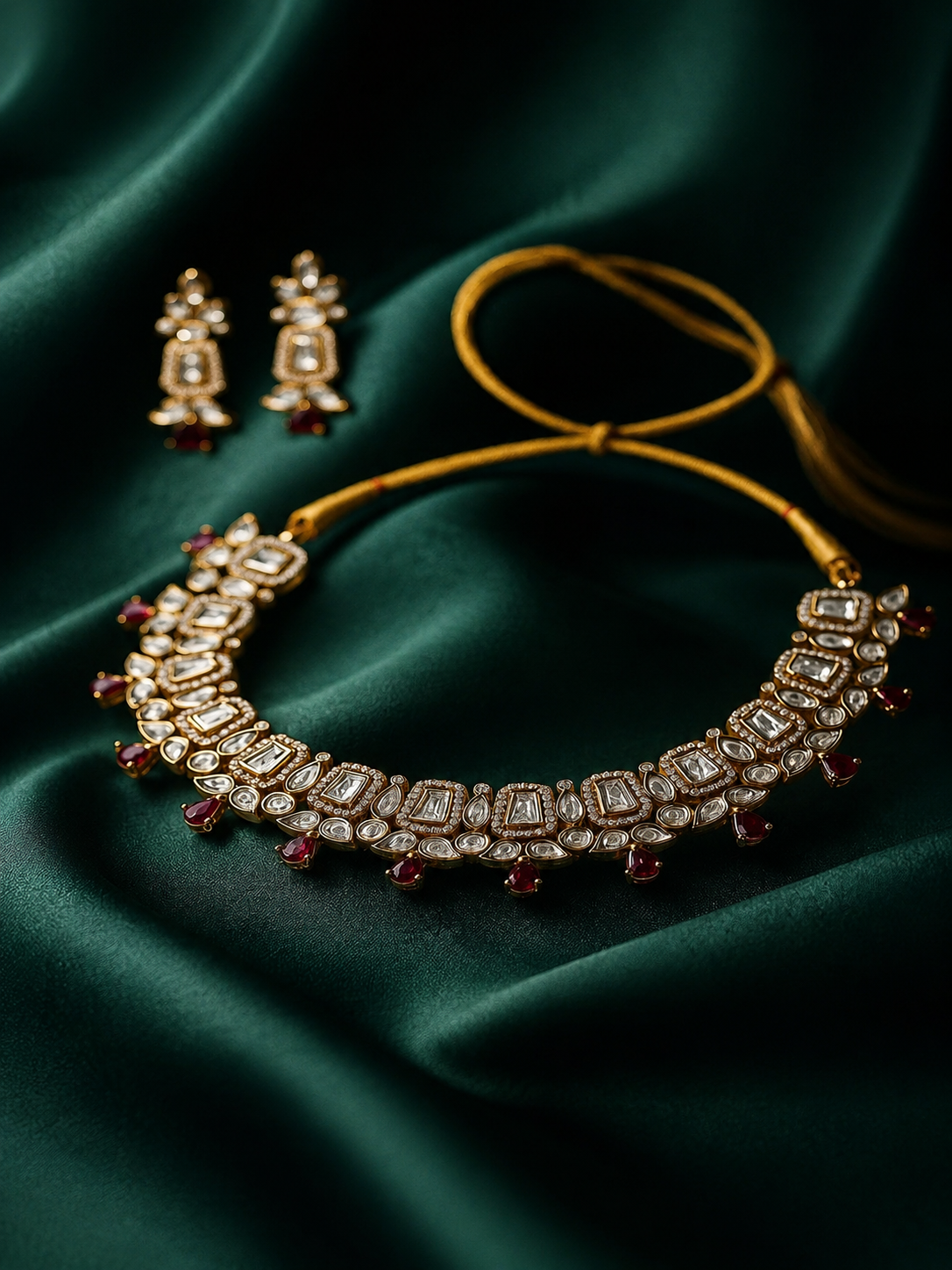 Zevar Club 22K Gold-Plated White Kundan & Ruby Pink Stone Studded Cubic Zirconia Accents Bridal Statement Necklace Set