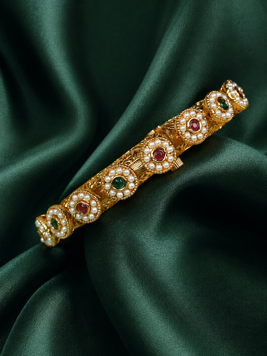 Zevar Club Set of 2 22K Gold-Plated Handcrafted Bangles with Ruby Emerald Kundan Floral & Pearl Accents