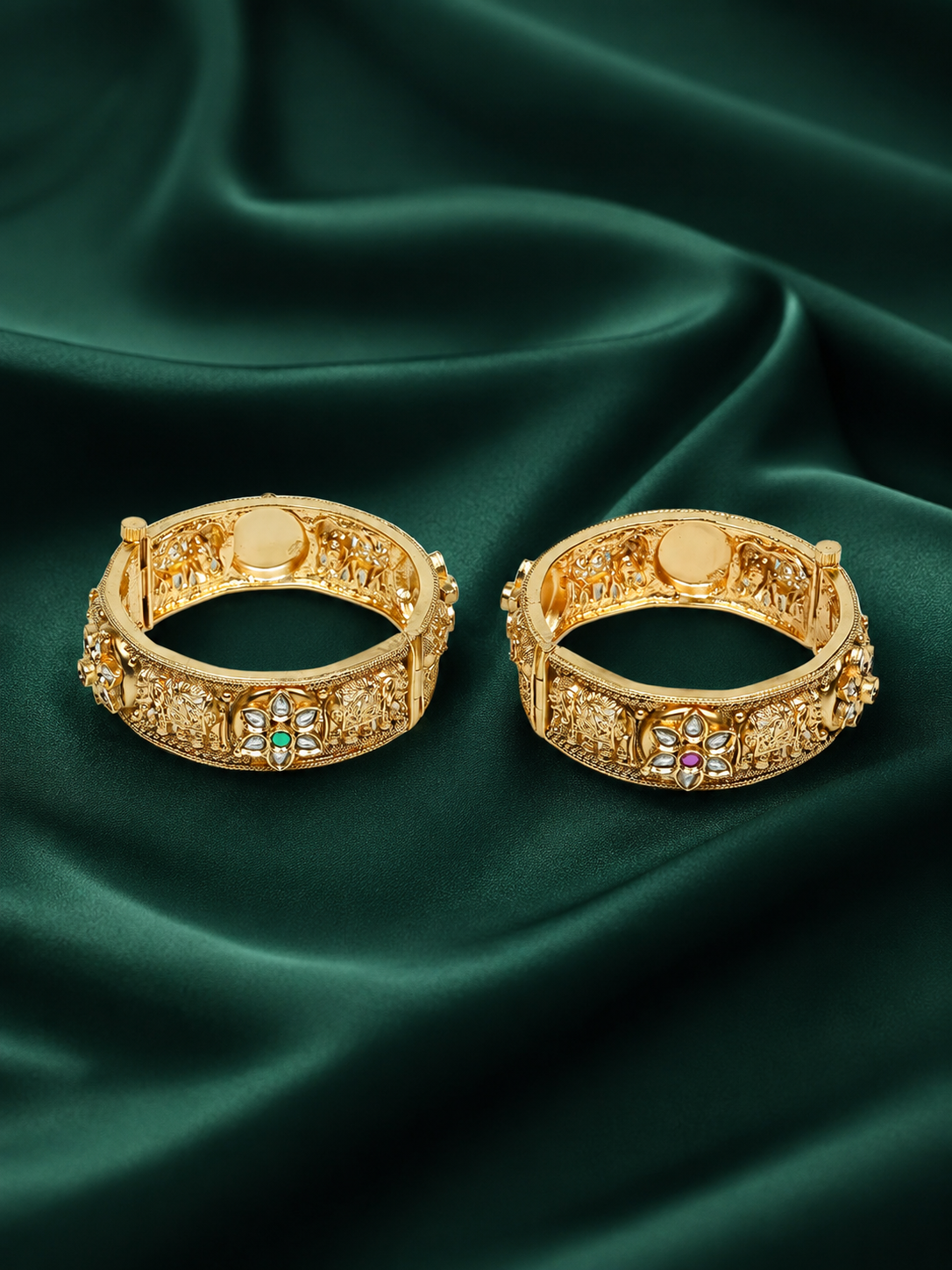 Zevar Club Set of 2 22K Gold-Plated Handcrafted Rajwadi Bangles with Emerald Green Kundan Studded Floral & Elephant Motifs