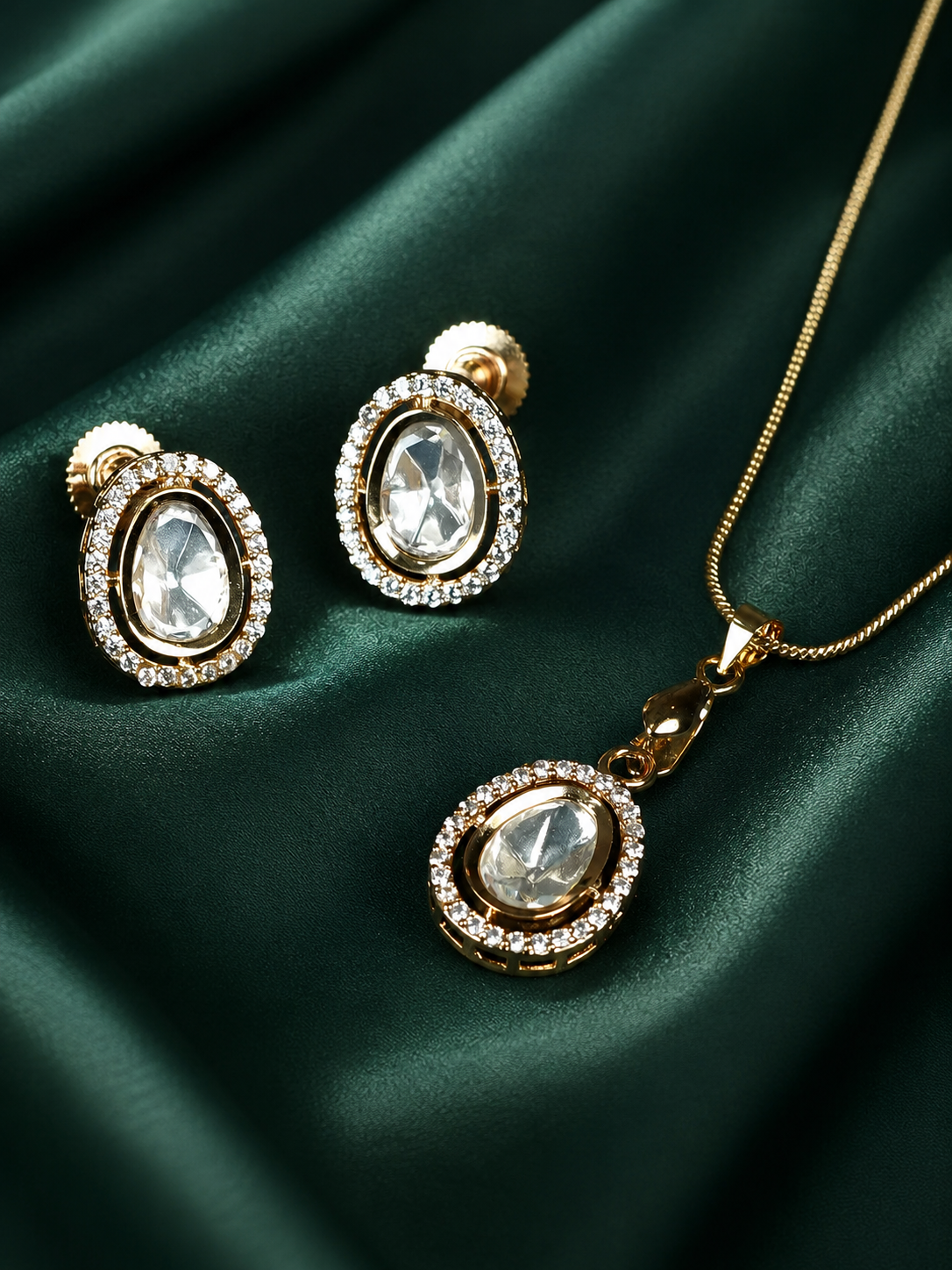 Zevar Club 22K Gold-Plated Oval-Shaped Cubic Zirconia Studded Pendant Necklace Set for Women