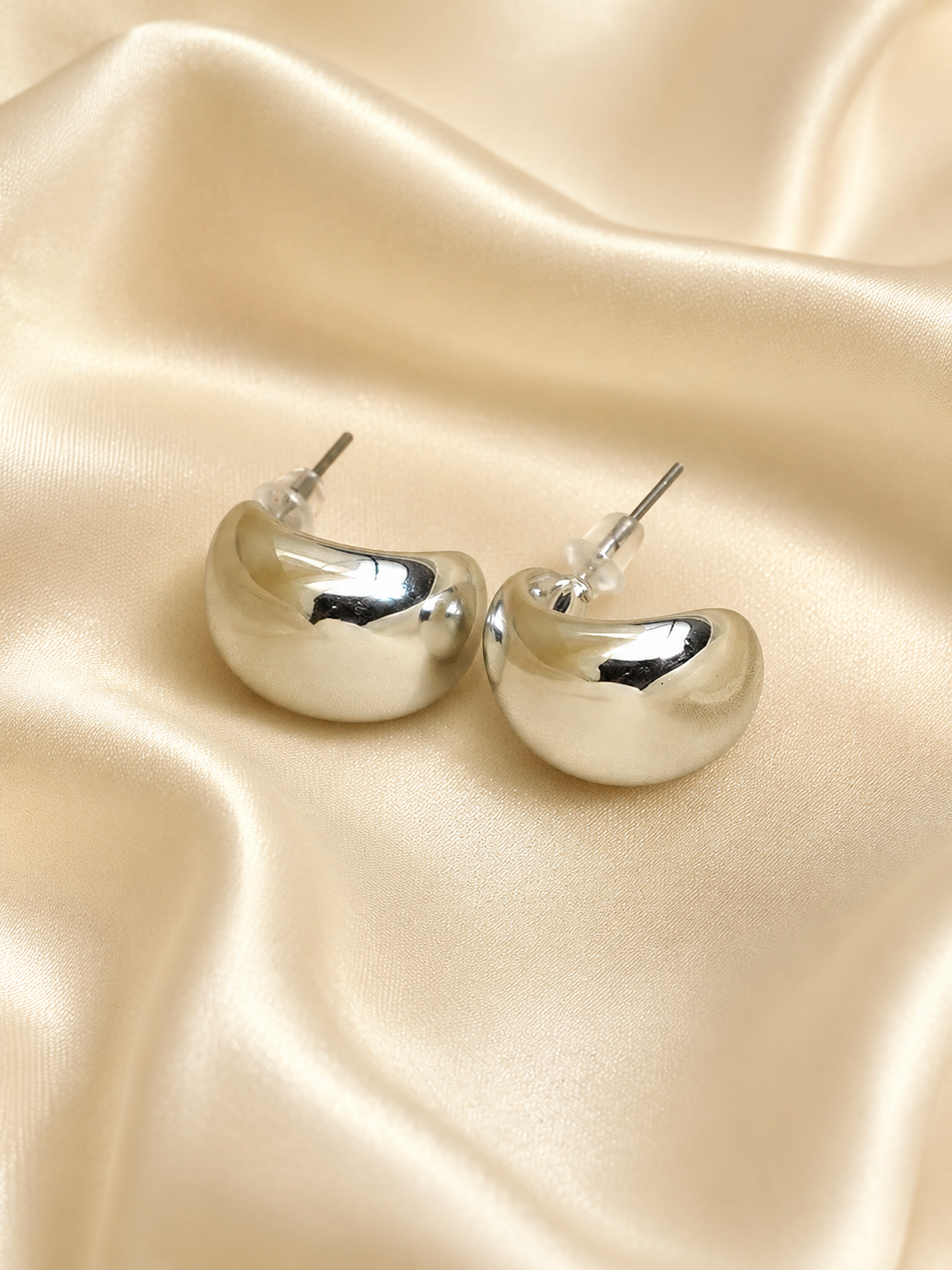 Zevar Club Glossy Silver Tone Stainless Steel Tarnish Free Waterproof Chunky Sculpted Half-Hoop Earrings for Women