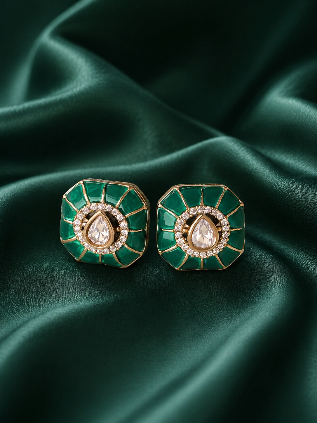 Zevar Club Emerald Green Gold Plated Statement Kundan Stud Earrings