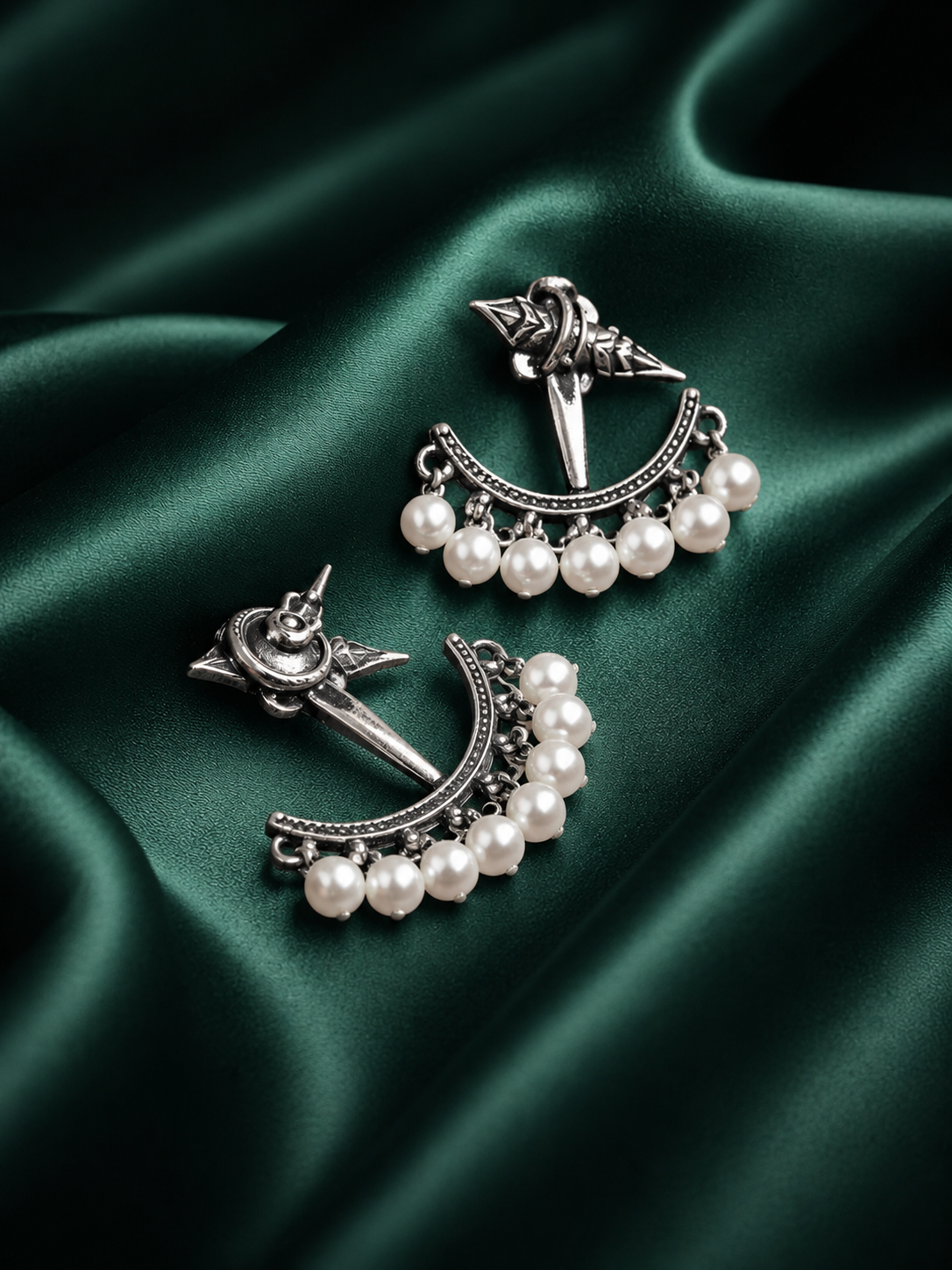 Zevar Club 18K Silver-Plated Statement Stud Earrings with Pointed Top & Cream Pear Pearl Crescent Drop