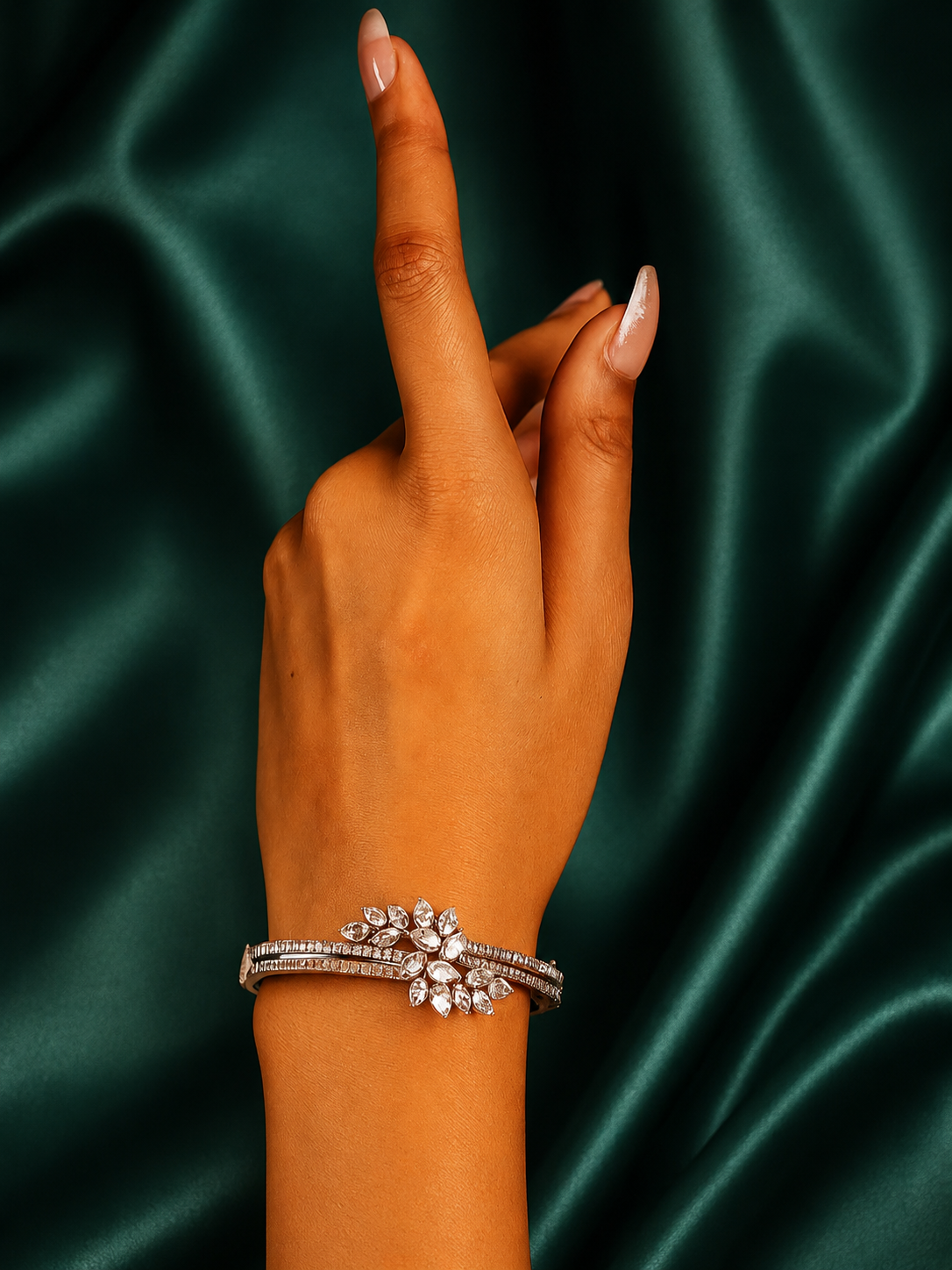 Zevar Club 22K Gold-Plated Floral Cluster Handcrafted AAA CZ Studded Baguette-Lined Openable Bracelet