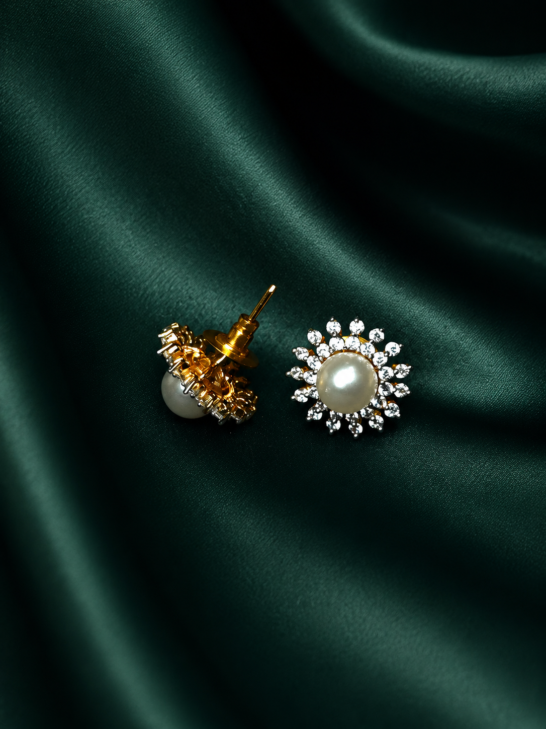 Zevar Club 18K Gold-Plated White Pearl & Cubic Zirconia Floral Stud Earrings in Silver Tone