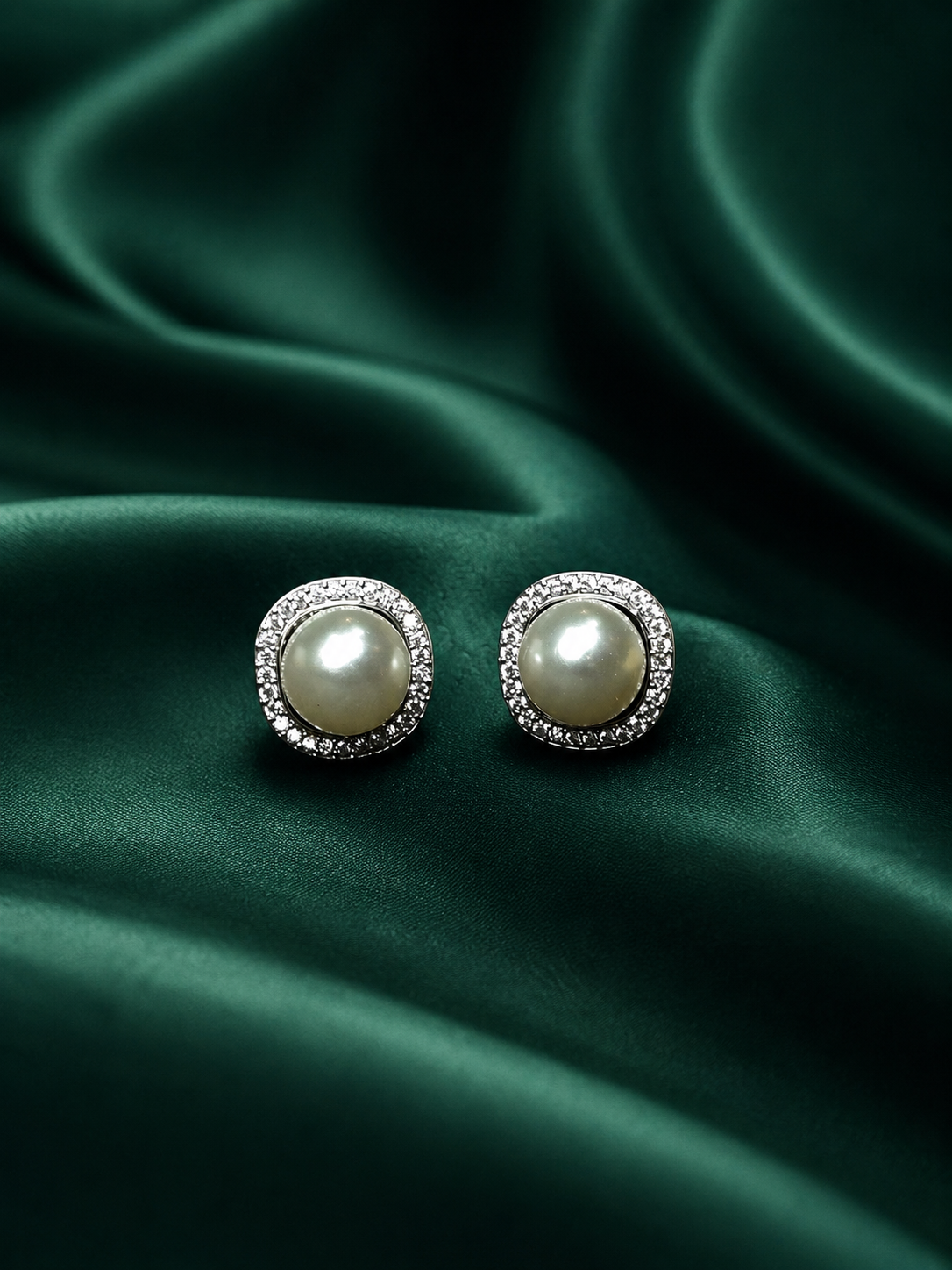 Zevar Club Rhodium-Plated Handcrafted White Pearl & Cubic Zirconia Halo Stud Earrings