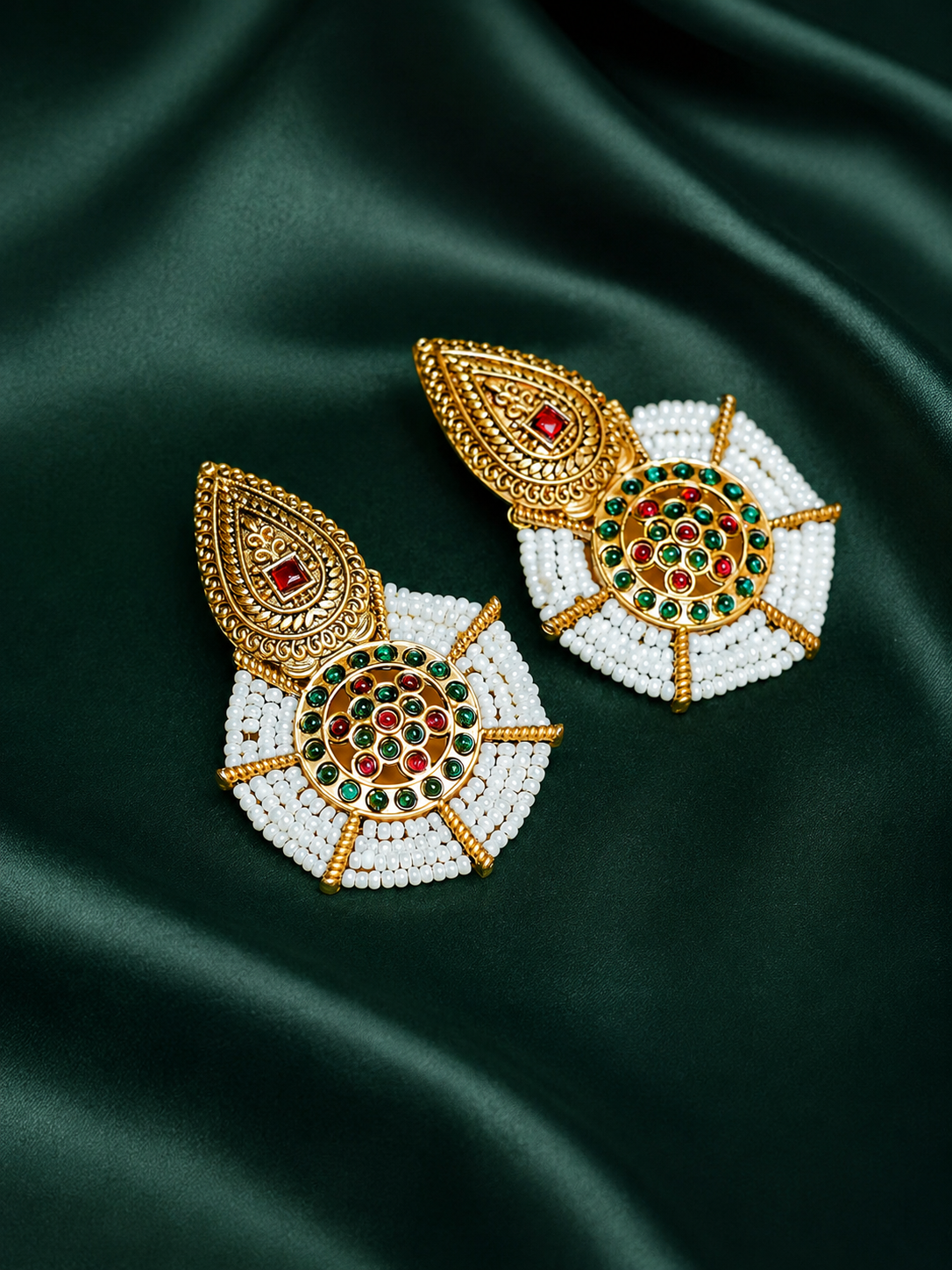 Zevar Club Gold-Toned Red & Green Stone Studded White Seed Beaded Circular Drop Earrings