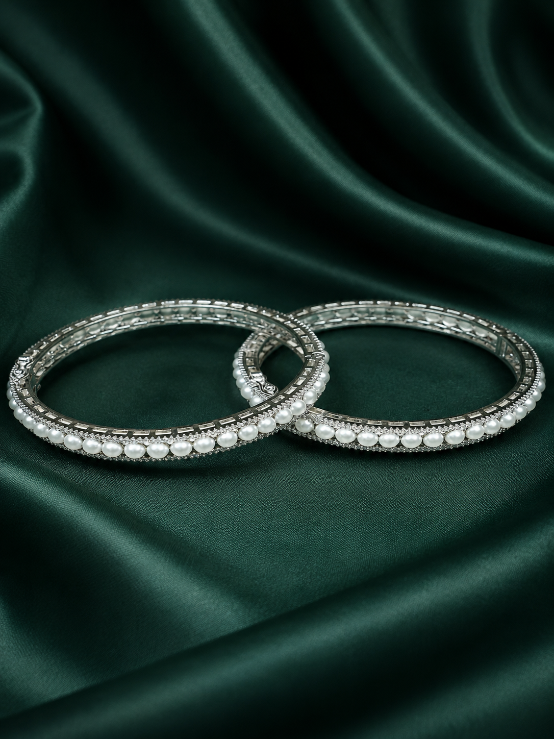 Zevar Club Set of 2 Rhodium-Plated Handcrafted Pearl Beaded & AAA Zirconia Premium Bangles