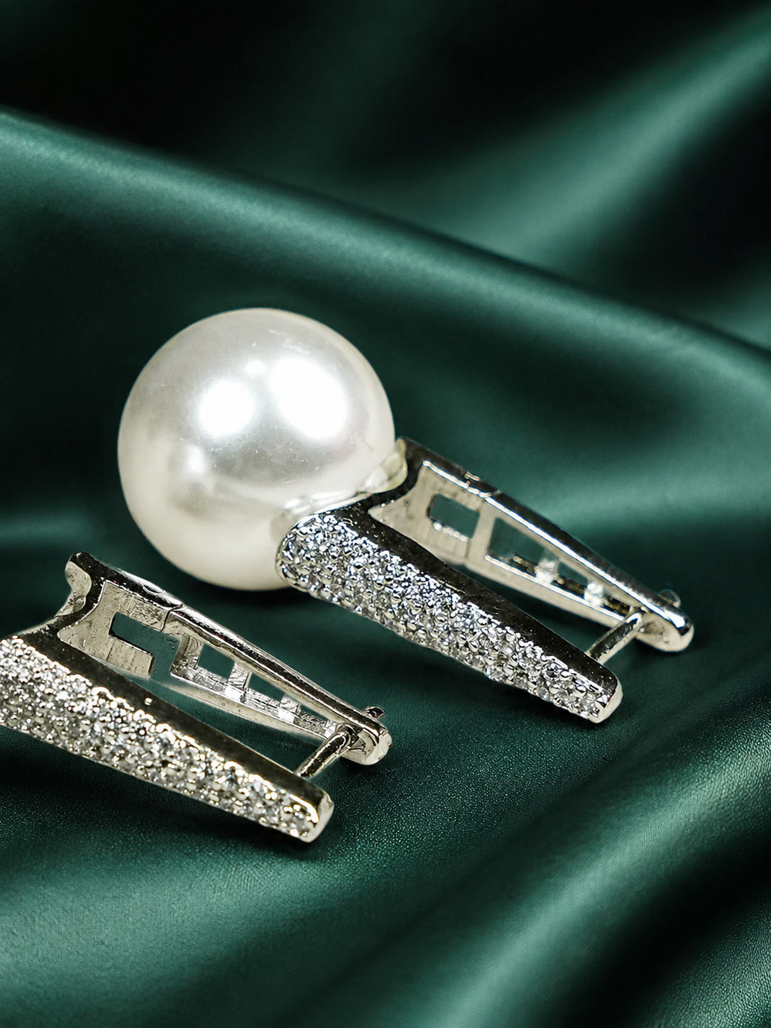 Zevar Club Rhodium-Plated Handcrafted Pointed Cubic Zirconia Top & Glossy Pearl Drop Earrings