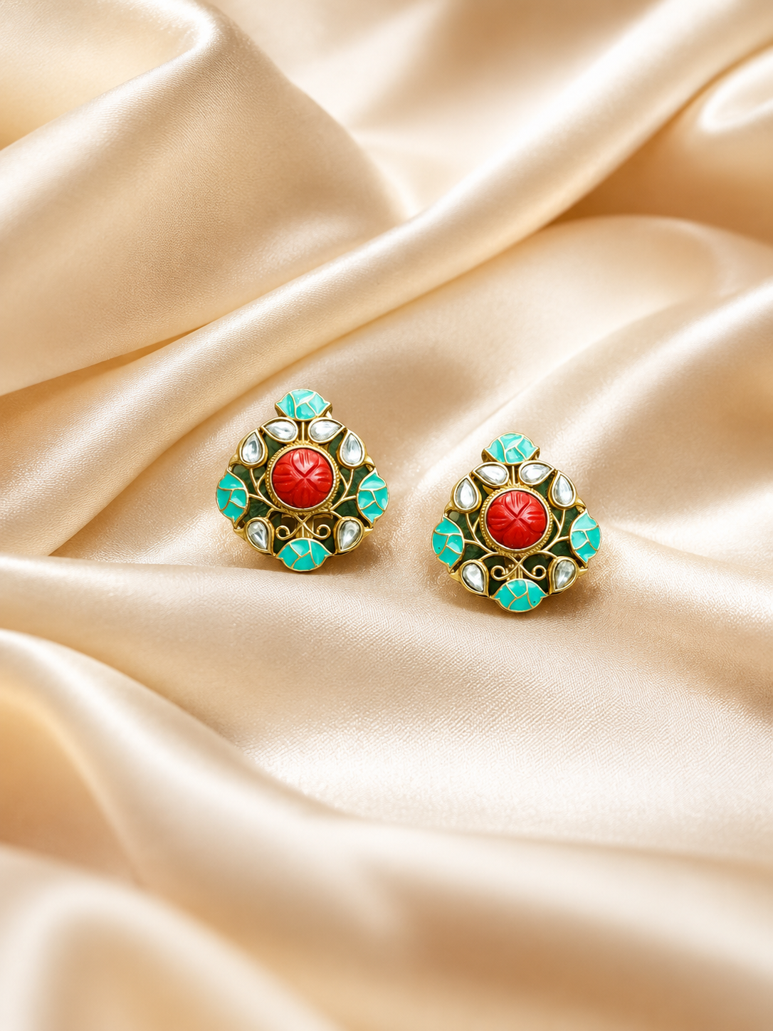 Turquoise Blue and Red Antique Gold Studs