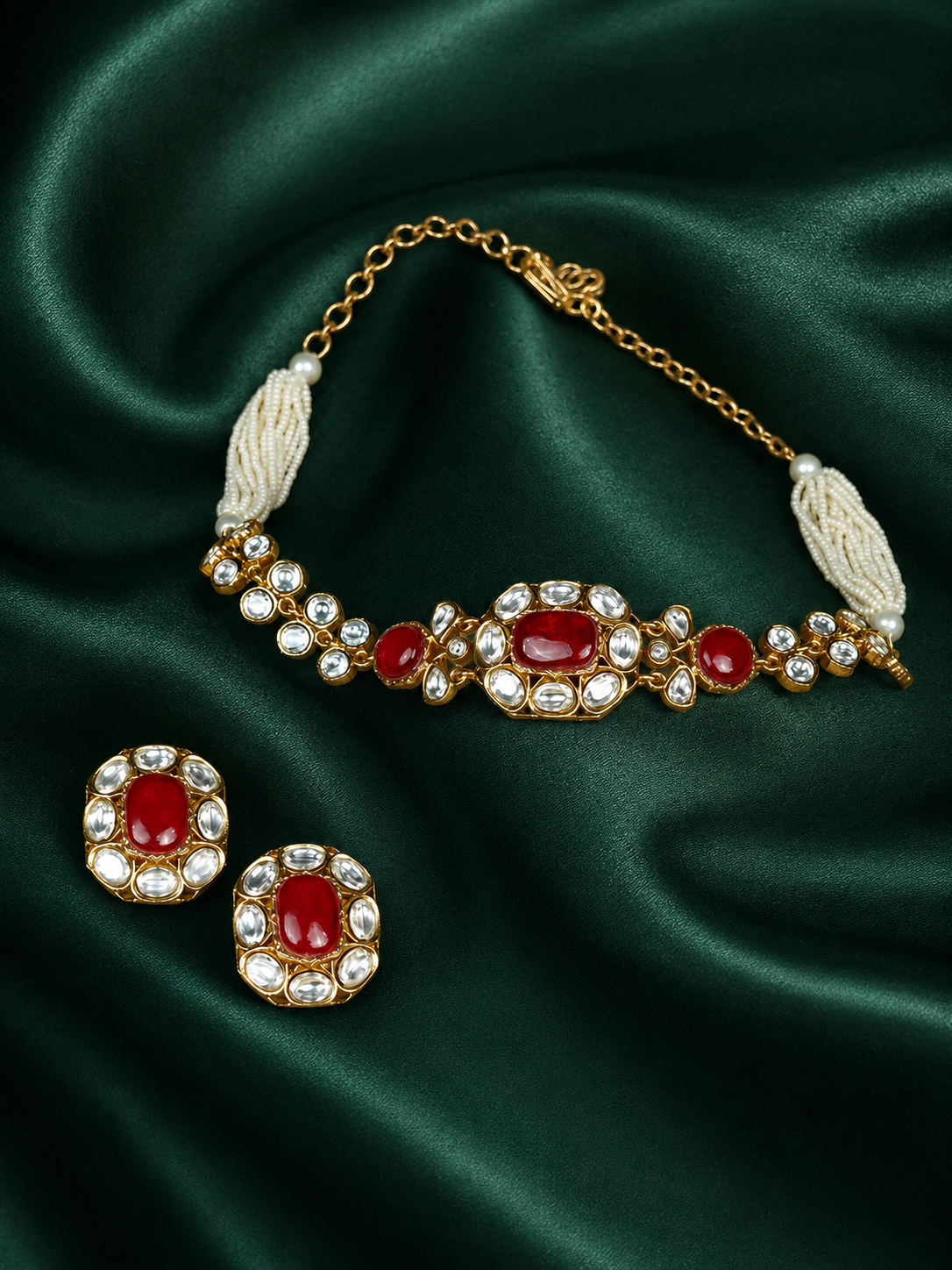 Zevar Club Emerald Green Stone & White Kundan Studded Handcrafted Choker Necklace Set with Pearl Beaded Accents