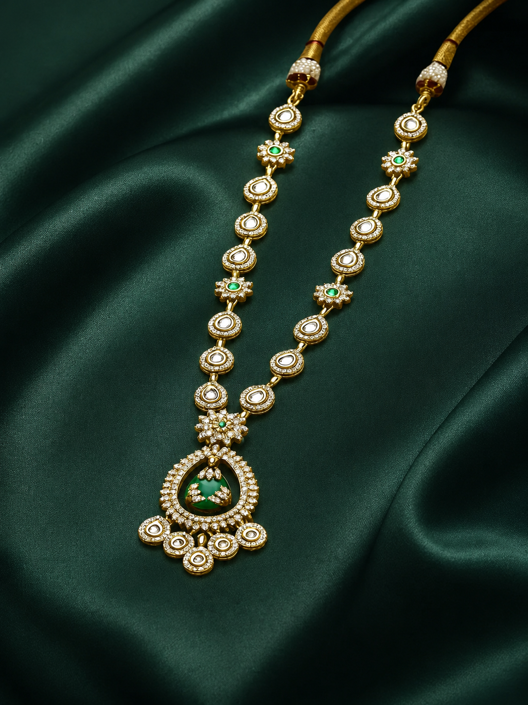 Zevar Club 22K Gold-Plated White Kundan & Emerald Green Cubic Zirconia Studded Long Statement Necklace Jewellery Set