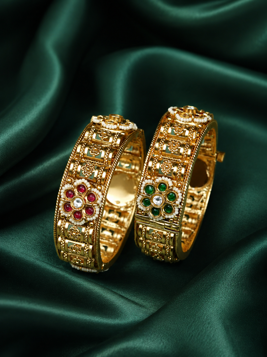 Zevar Club Set of 2 22K Gold-Plated Handcrafted Rajwadi Bangles with Ruby Red & Emerald Green Floral Kundan Motif