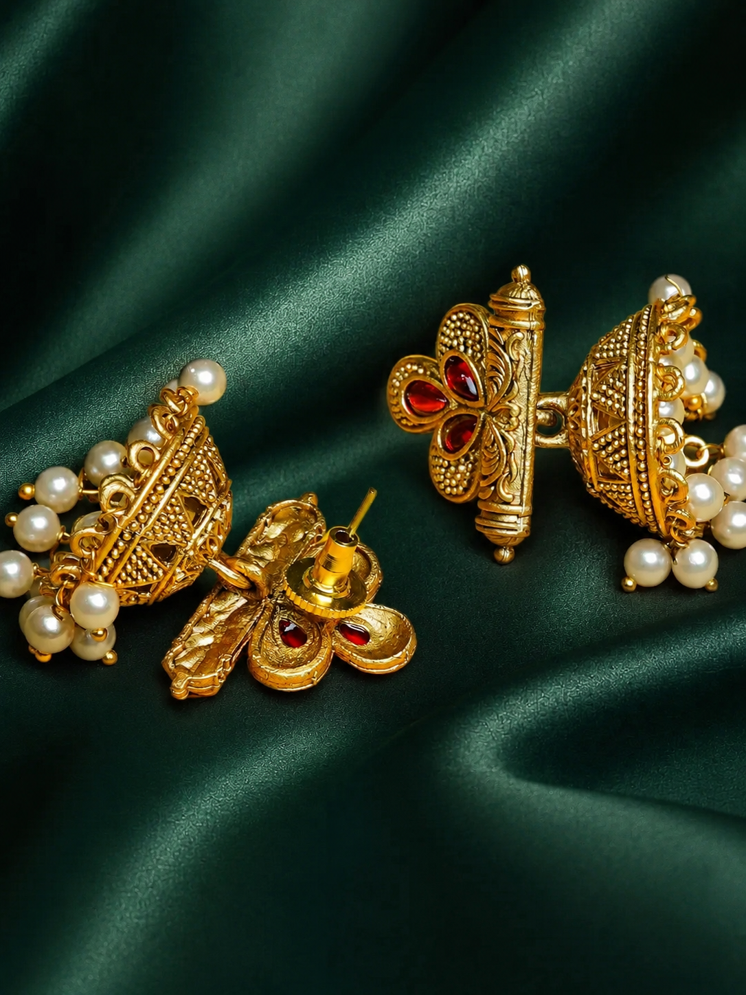 Zevar Club 18K Gold-Plated Red Stone Studded Dome Jhumka Earrings with Pearl Danglers