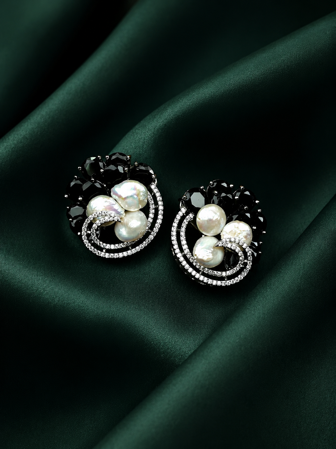 Zevar Club Rhodium-Plated Handcrafted Baroque Pearl & Black Crystal Cubic Zirconia Swirl Stud Earrings