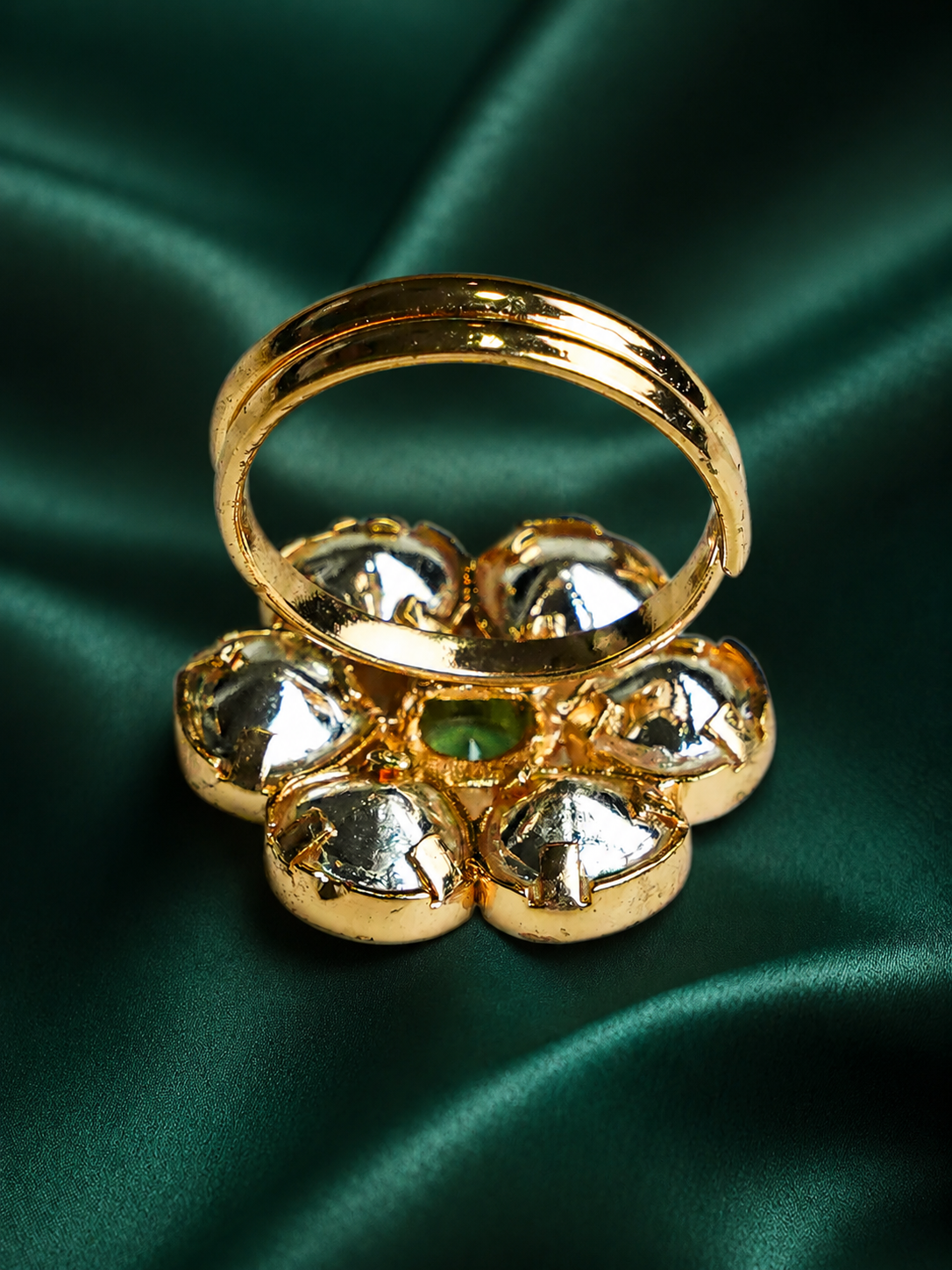 Zevar Club Gold-Toned White Kundan Studded Floral Adjustable Ring with Green Center Stone