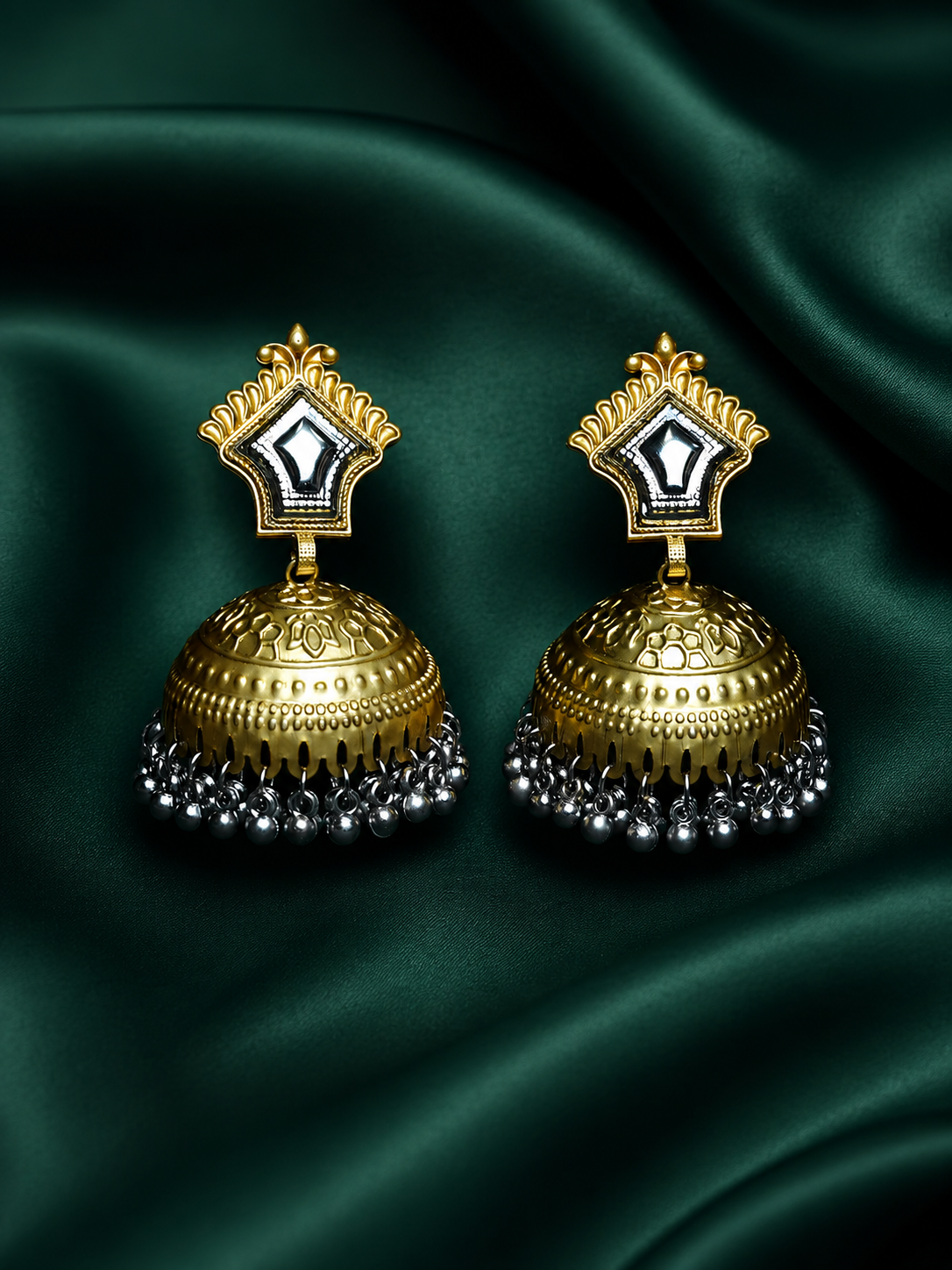 Zevar Club Oxidised Silver-Gold Tone Jhumka Earrings with Silver Beads Statement Design