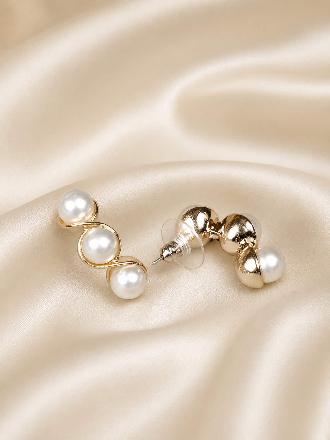 Zevar Club Rose Gold Tone Triple Glossy White Pearl Beaded Curved Wave Design Drop Earrings for Women