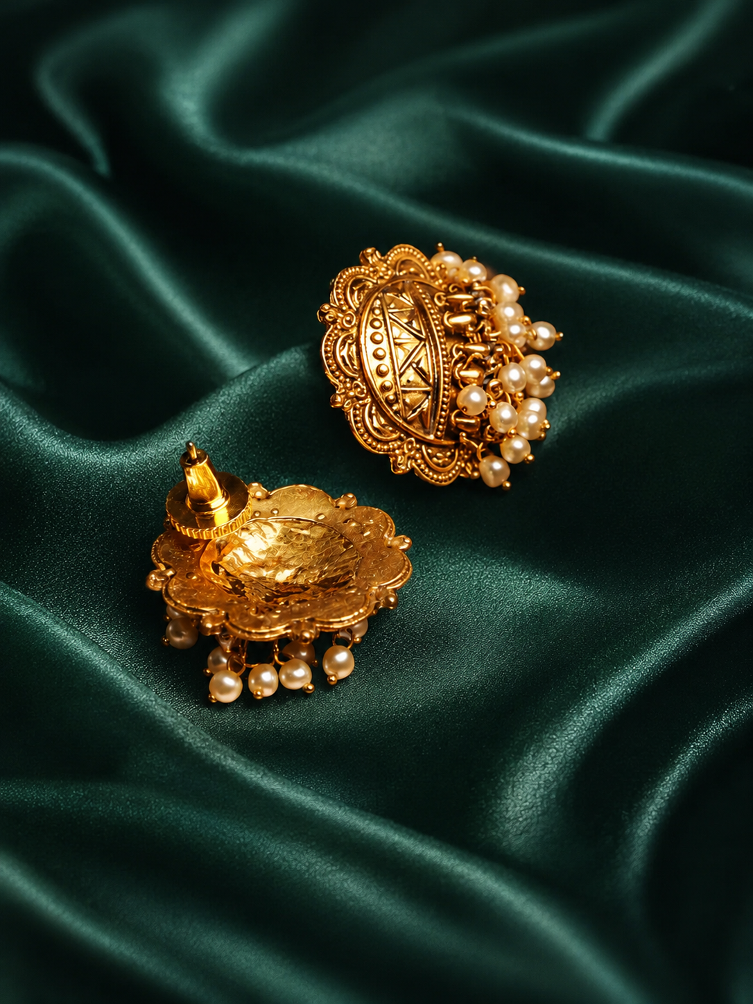 Zevar Club Antique Silver-Toned Statement Stud Earrings with Pearl Cluster Drops & Carved Motif