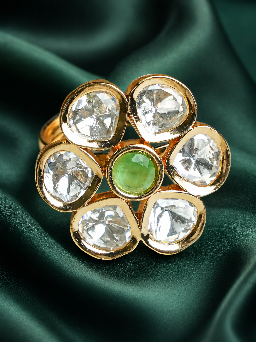Zevar Club Gold-Toned White Kundan Studded Floral Adjustable Ring with Green Center Stone