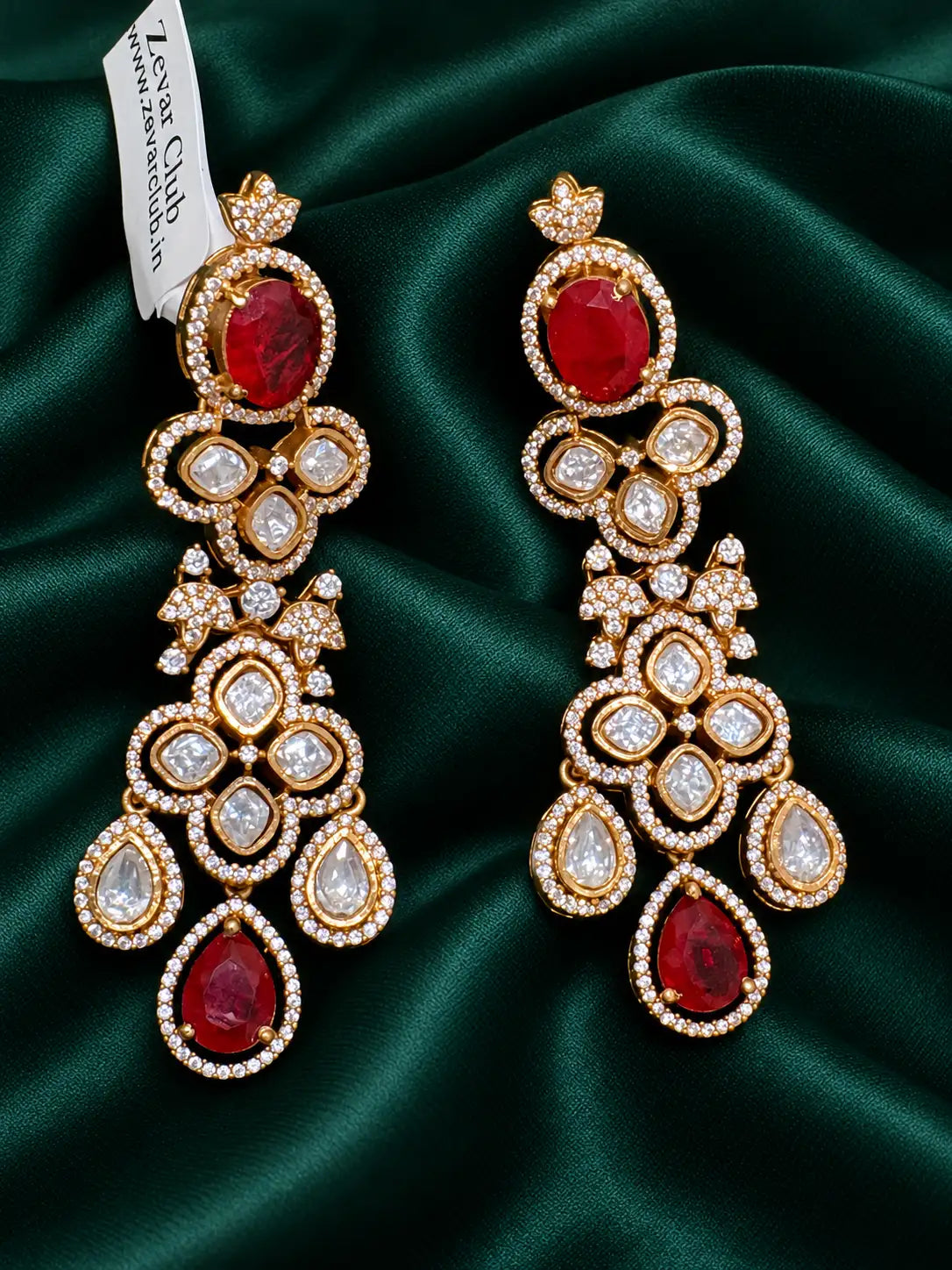 Zevar Club Noorani Emerald Kundan Diamond Fusion Long Earrings