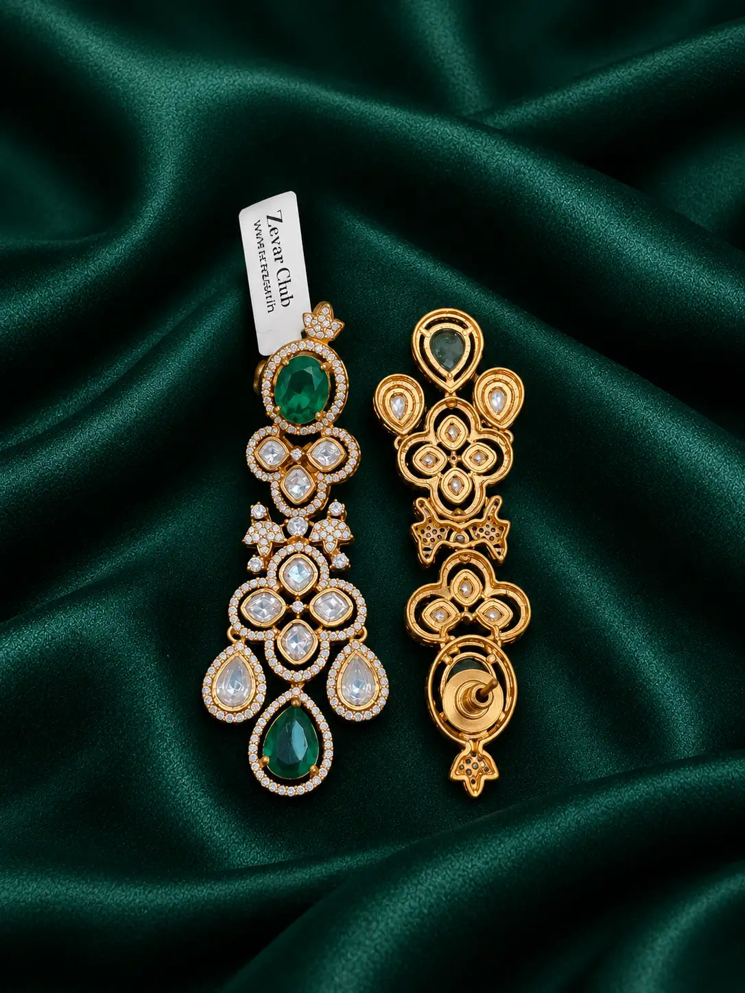 Zevar Club Noorani Emerald Kundan Diamond Fusion Long Earrings