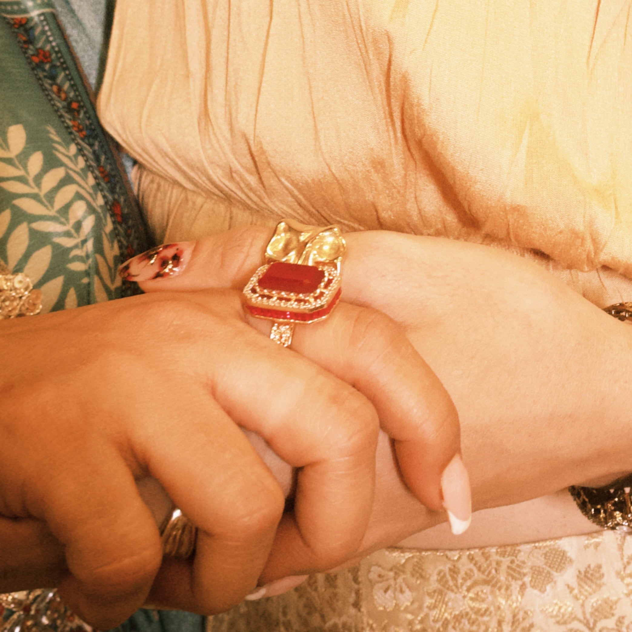 Zevar Club Gold-Toned Ruby Pink & Cubic Zirconia Studded Royal Statement Adjustable Ring