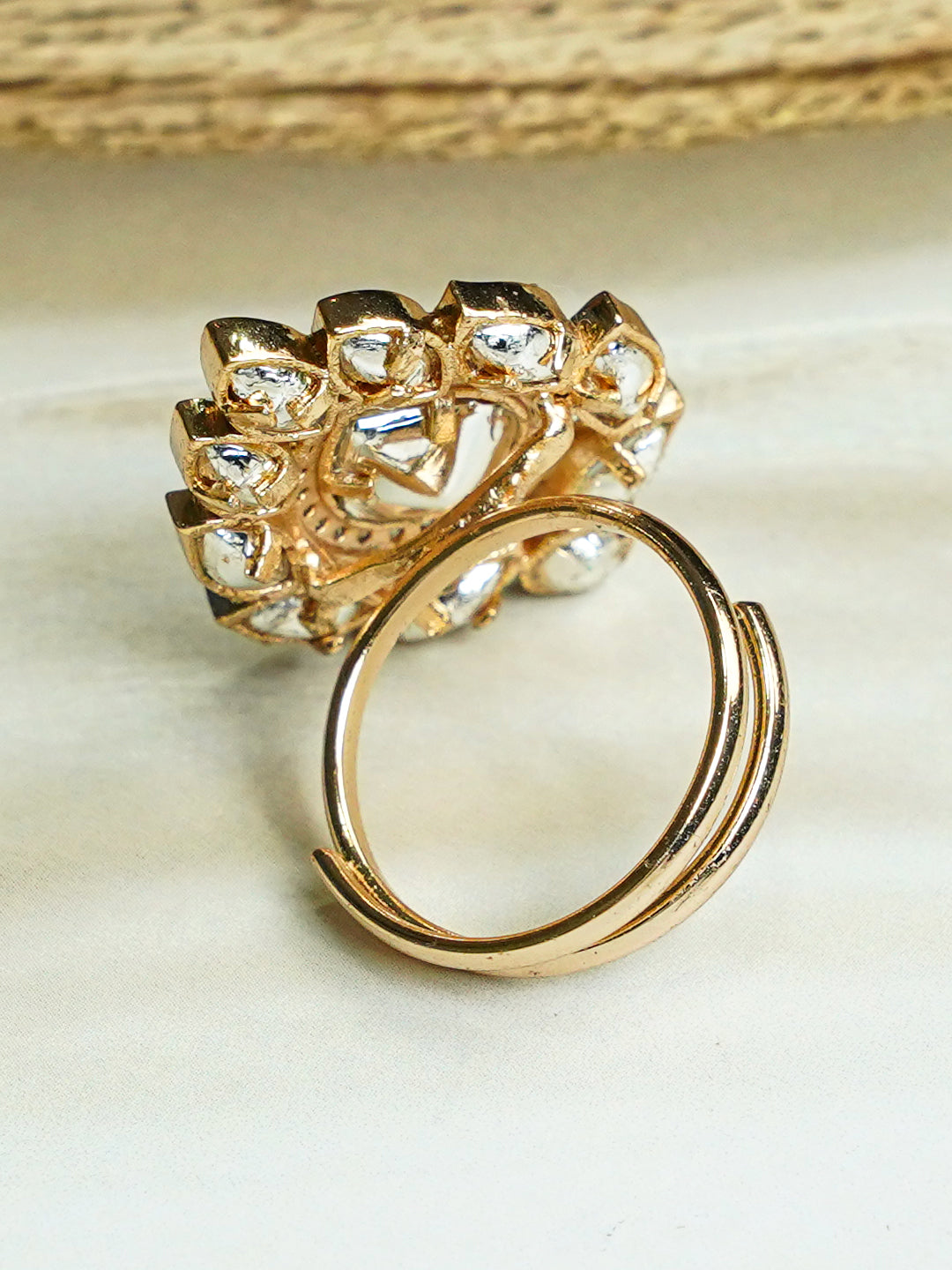 Zevar Club Gold-Toned White Kundan & Cubic Zirconia Studded Leaf Motif Adjustable Statement Ring