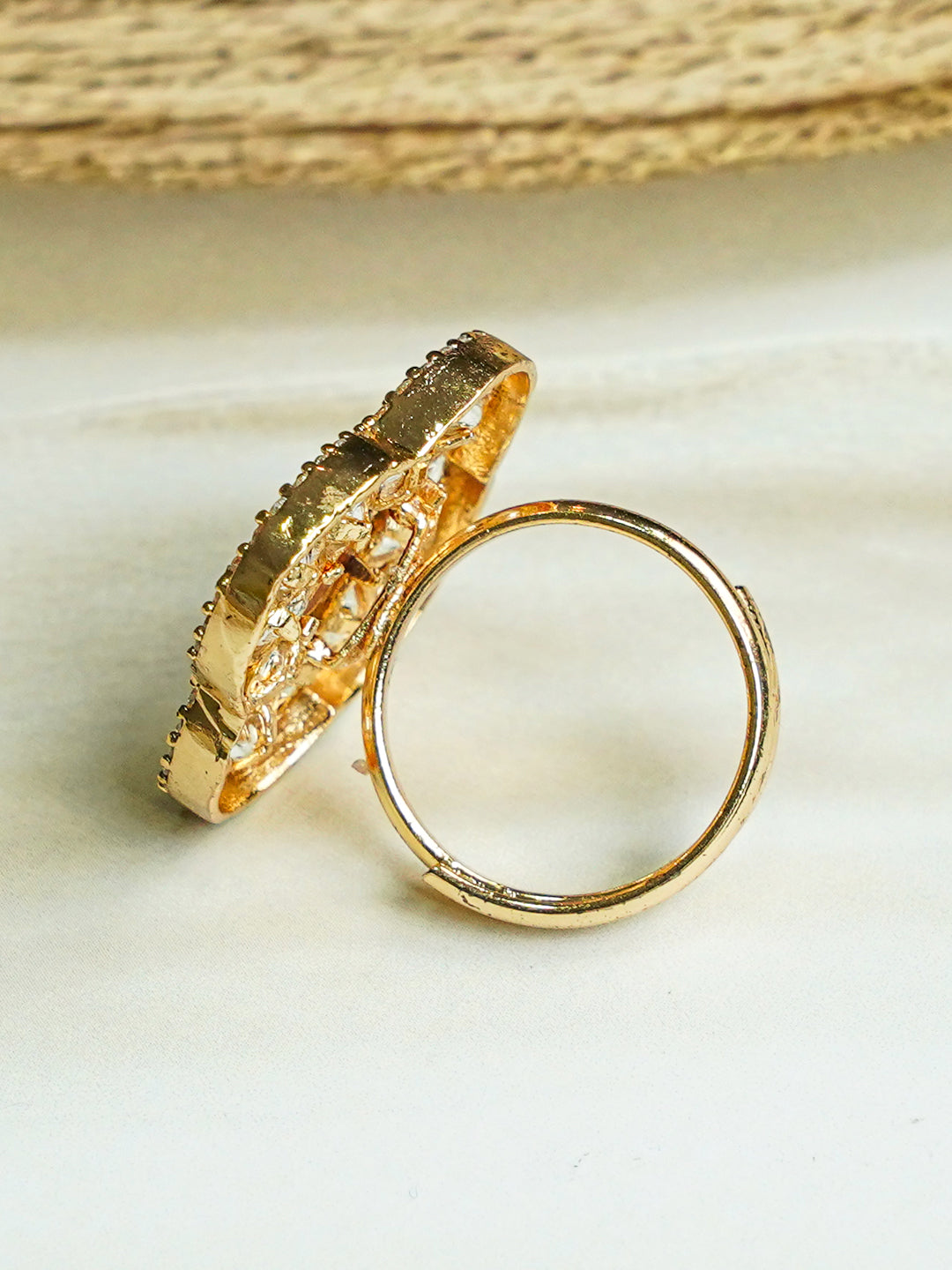 Zevar Club Gold-Toned White Kundan & Ruby Red Stone Studded Floral Adjustable Ring