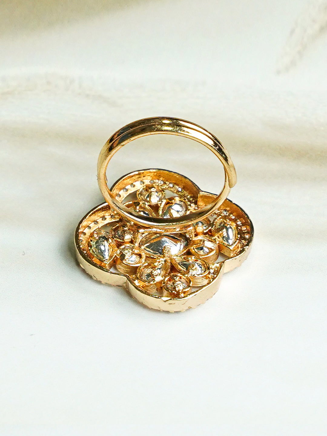 Zevar Club Gold-Toned White Kundan & Cubic Zirconia Studded Floral Adjustable Statement Ring